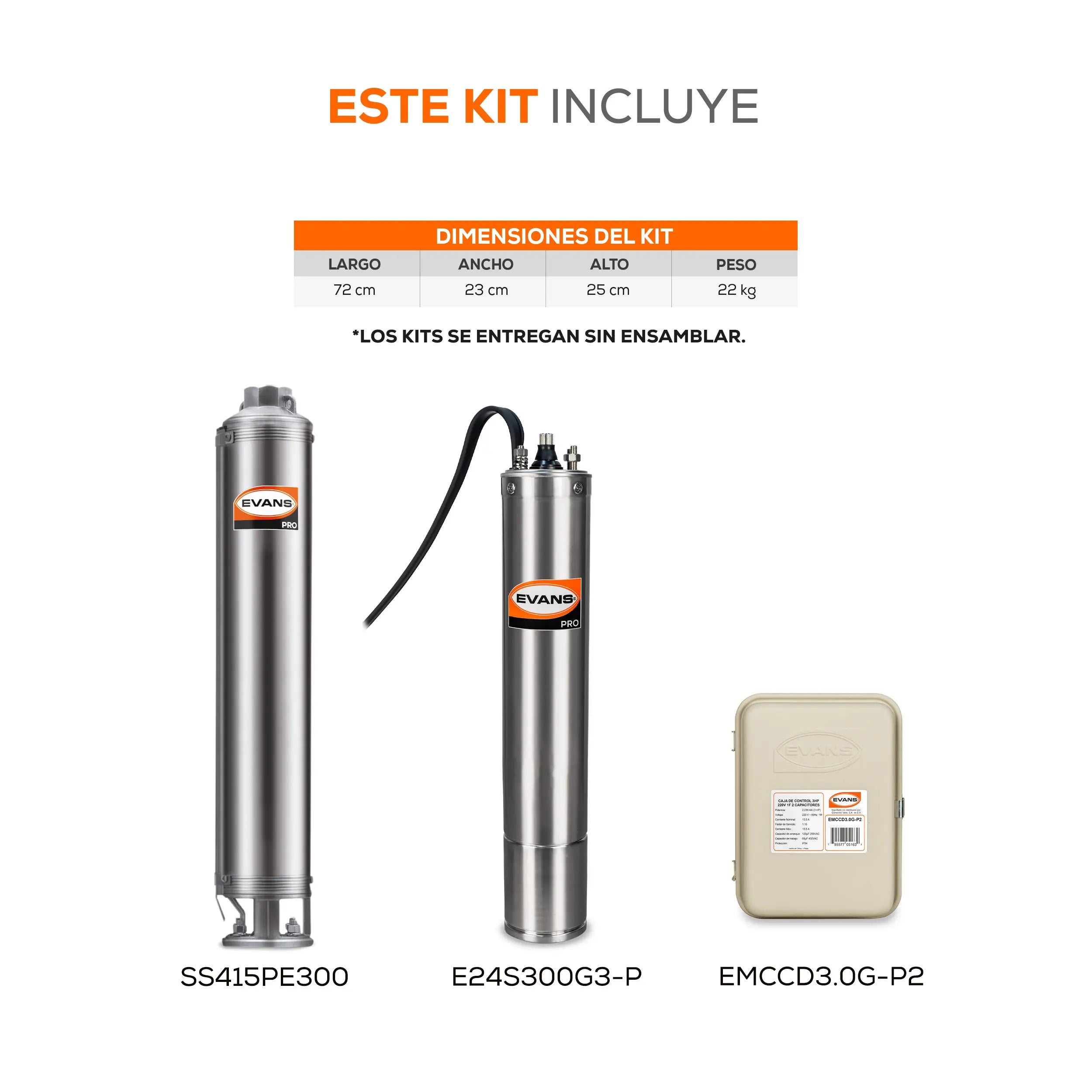 Equipo de riego sumergible 15GPM 3 HP 110 LPM 220 V monofásico Marca EVANS. Modelo: K-SS415ME300G3