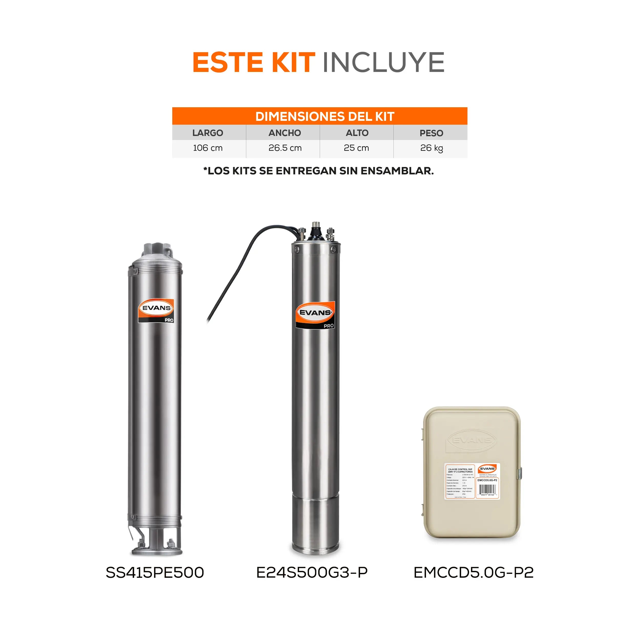 Equipo de riego sumergible 15GPM 5 HP 110 LPM 220 V monofásico Marca EVANS. Modelo: K-SS415ME500G3