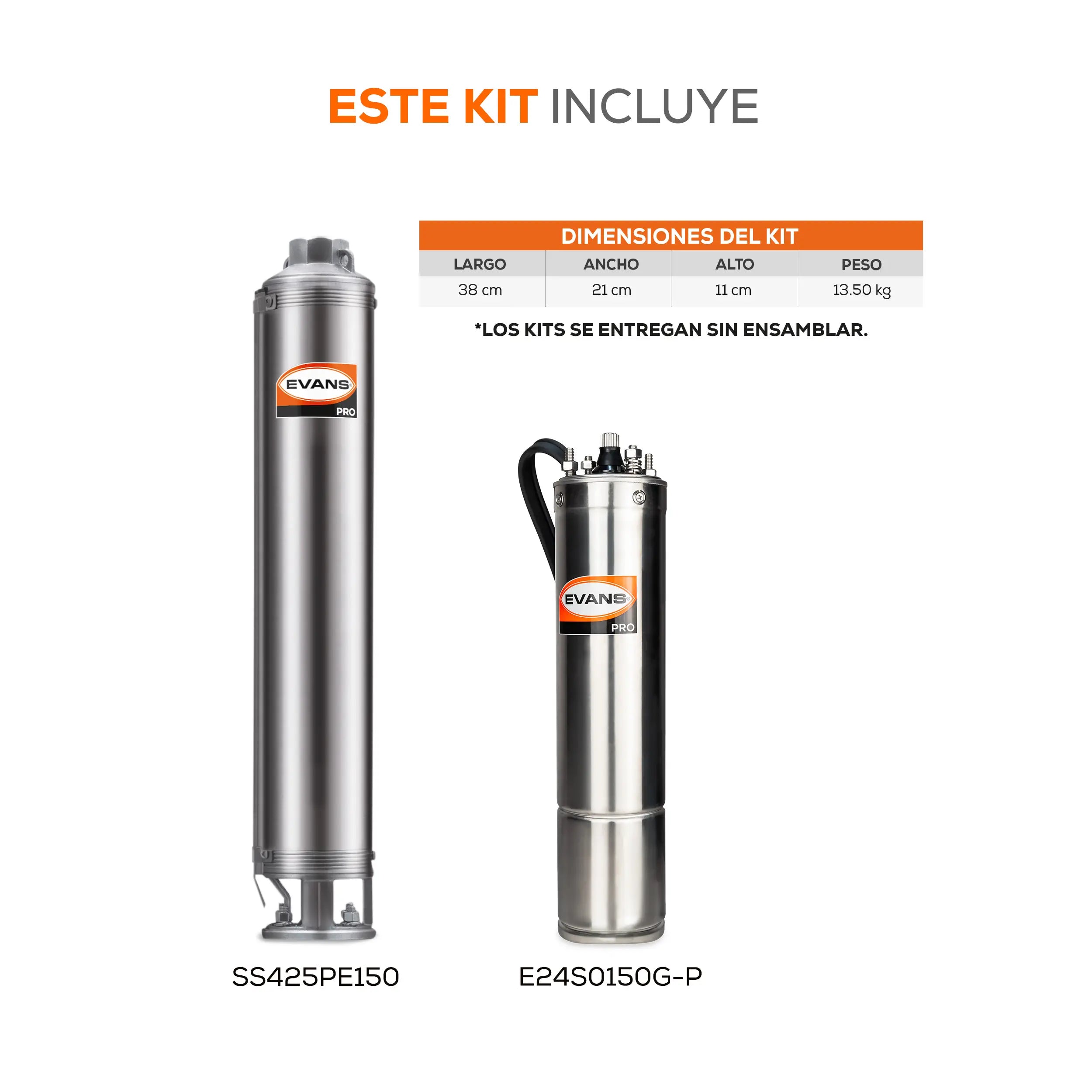 Equipo de riego sumergible 25GPM 1.5 HP 210 LPM 220 V trifásico Marca EVANS. Modelo: K-SS425ME0150G