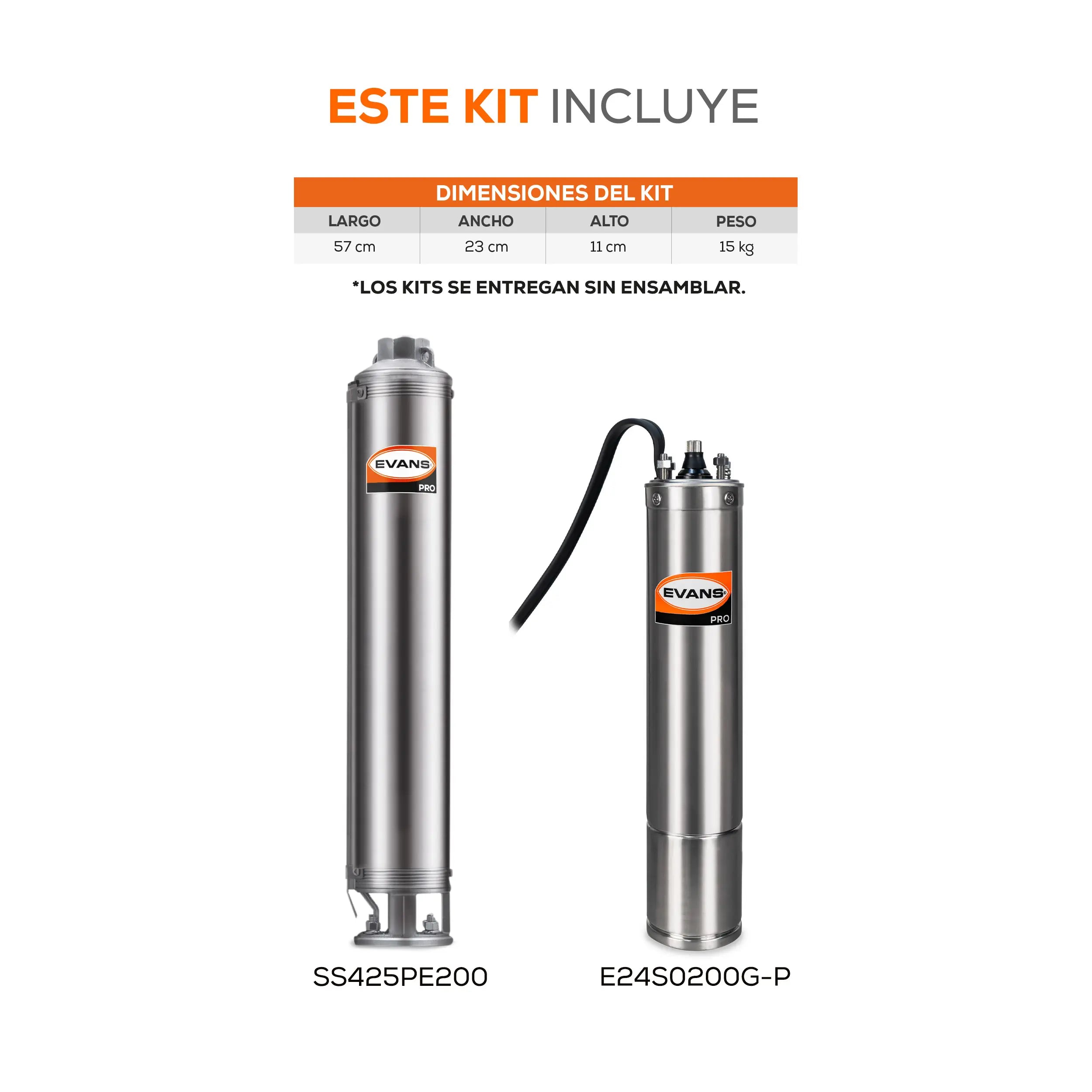 Equipo de riego sumergible 25GPM 2 HP 210 LPM 220 V trifásico Marca EVANS. Modelo: K-SS425ME0200G