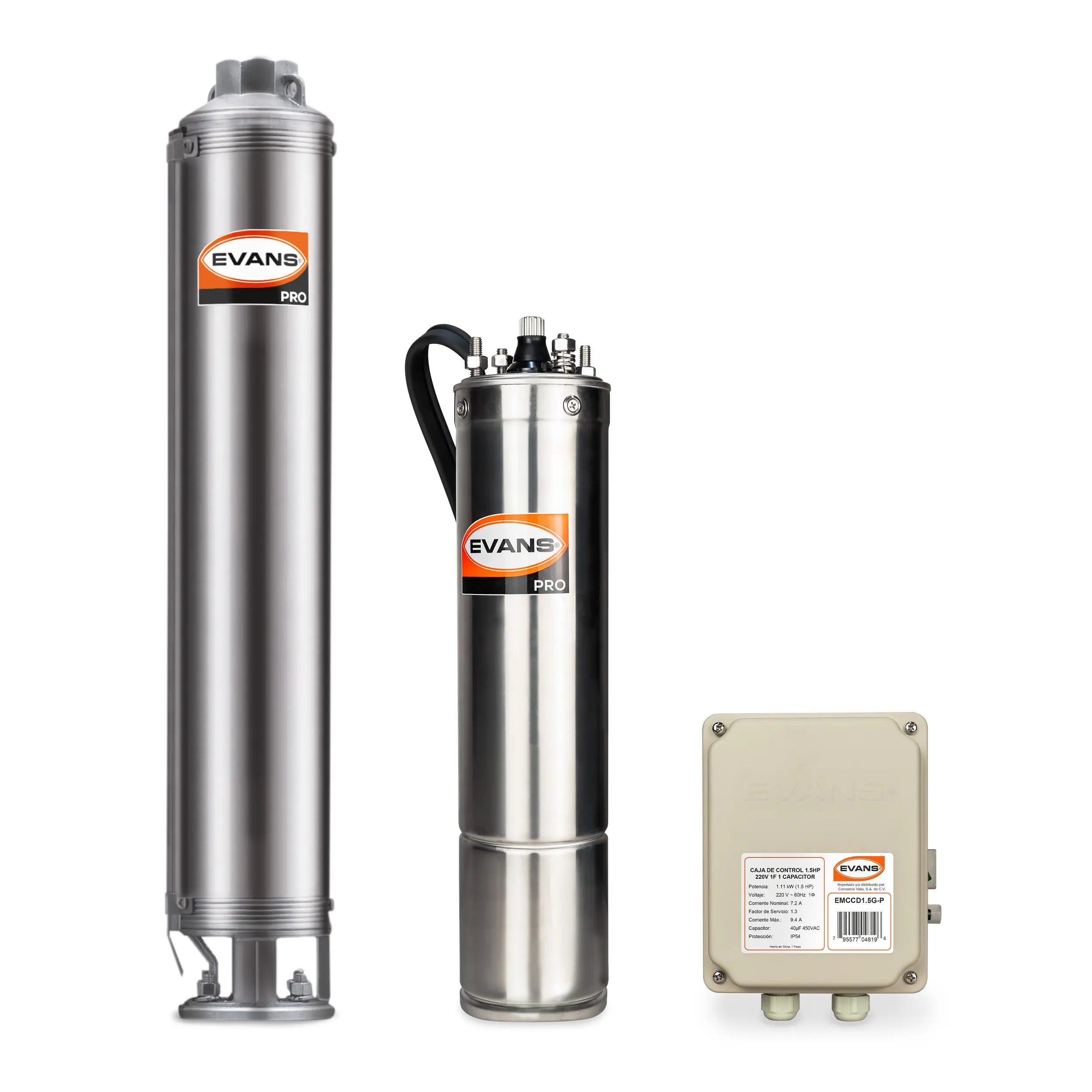 Equipo de riego sumergible 25GPM 1.5 HP 210 LPM 220 V monofásico Marca EVANS. Modelo: K-SS425ME150G3
