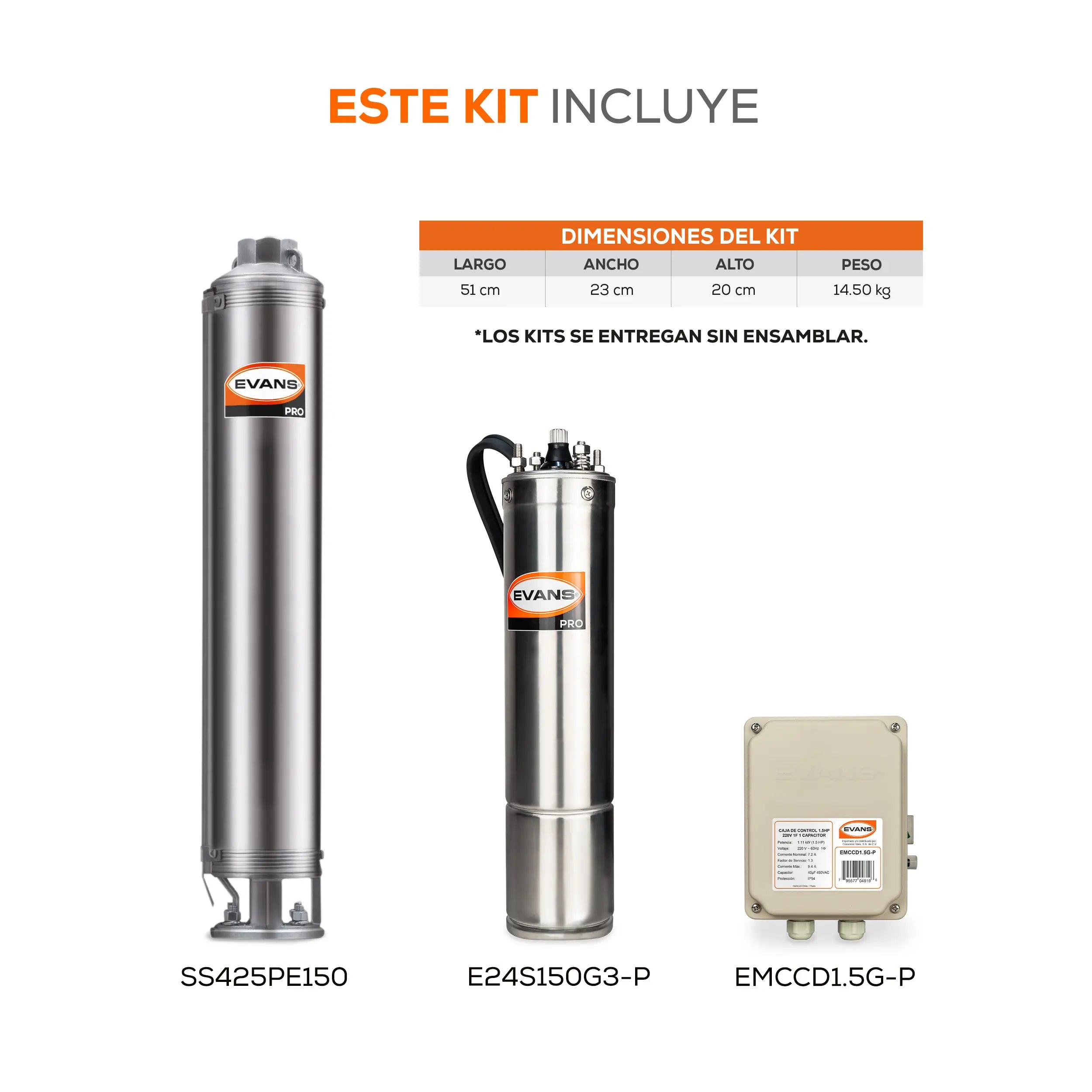 Equipo de riego sumergible 25GPM 1.5 HP 210 LPM 220 V monofásico Marca EVANS. Modelo: K-SS425ME150G3