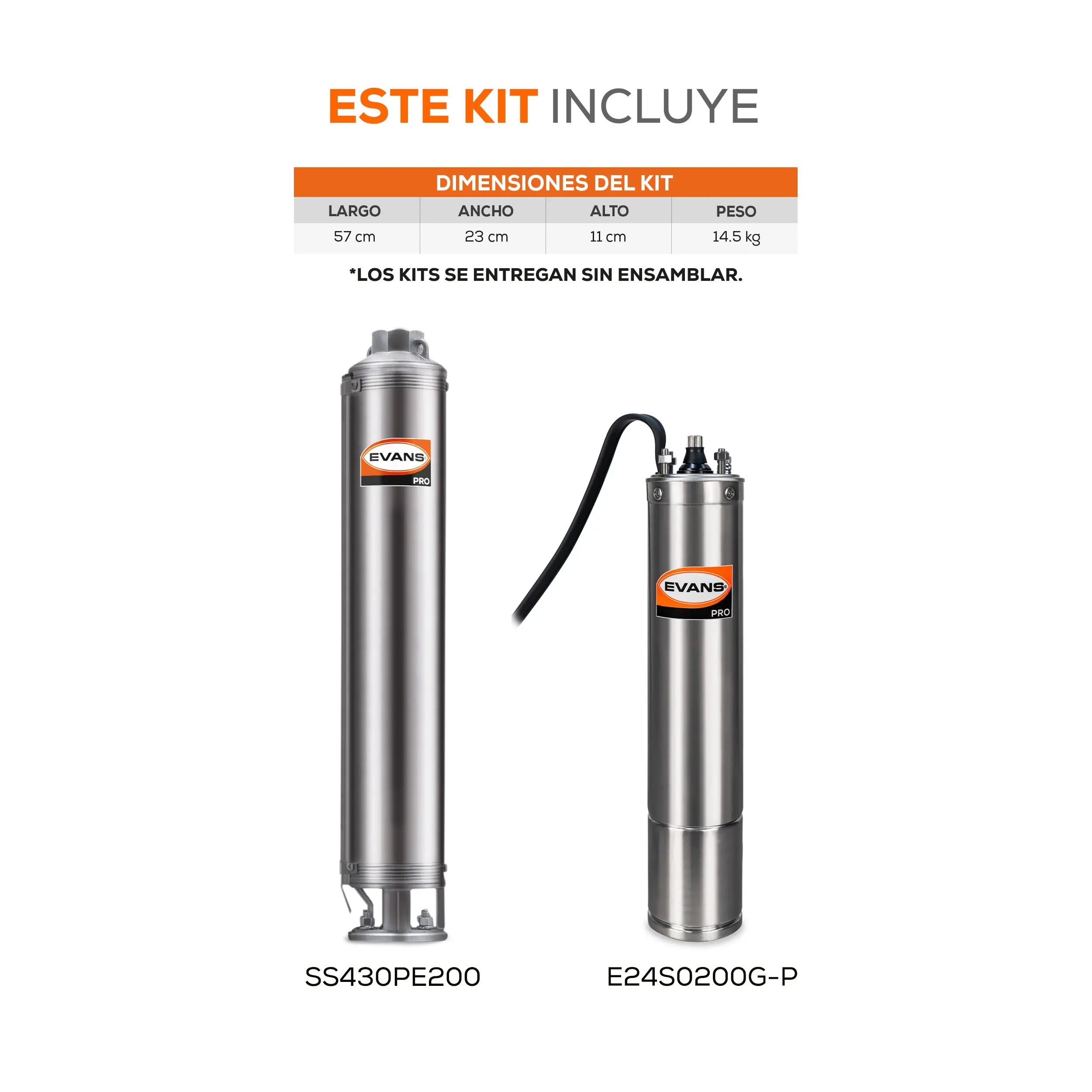 Equipo de riego sumergible 30GPM 2 HP 255 LPM 220 V trifásico Marca EVANS. Modelo: K-SS430ME0200G