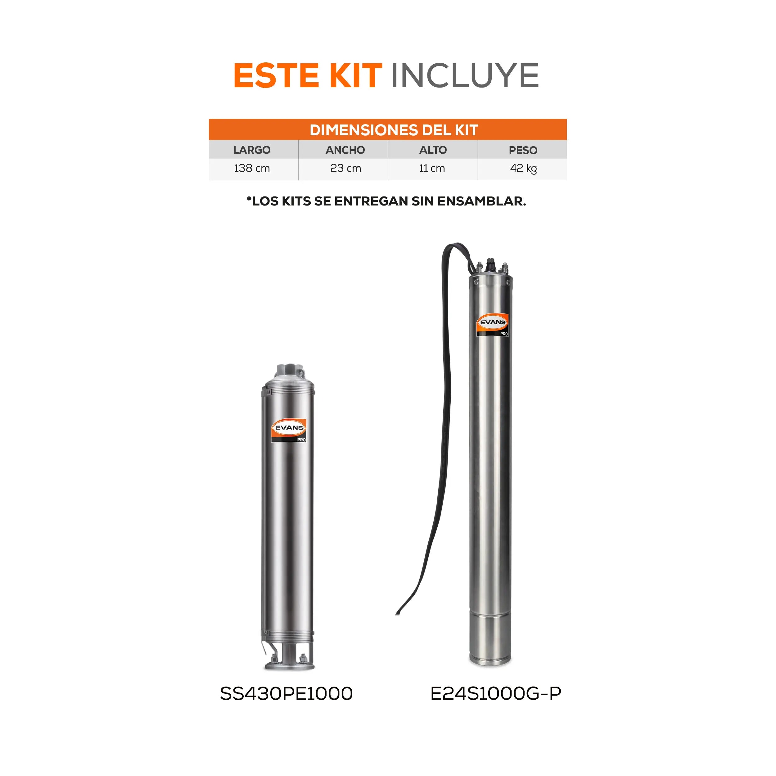 Equipo de riego sumergible 30GPM 10 HP 255 LPM 220 V trifásico Marca EVANS. Modelo: K-SS430ME1000G