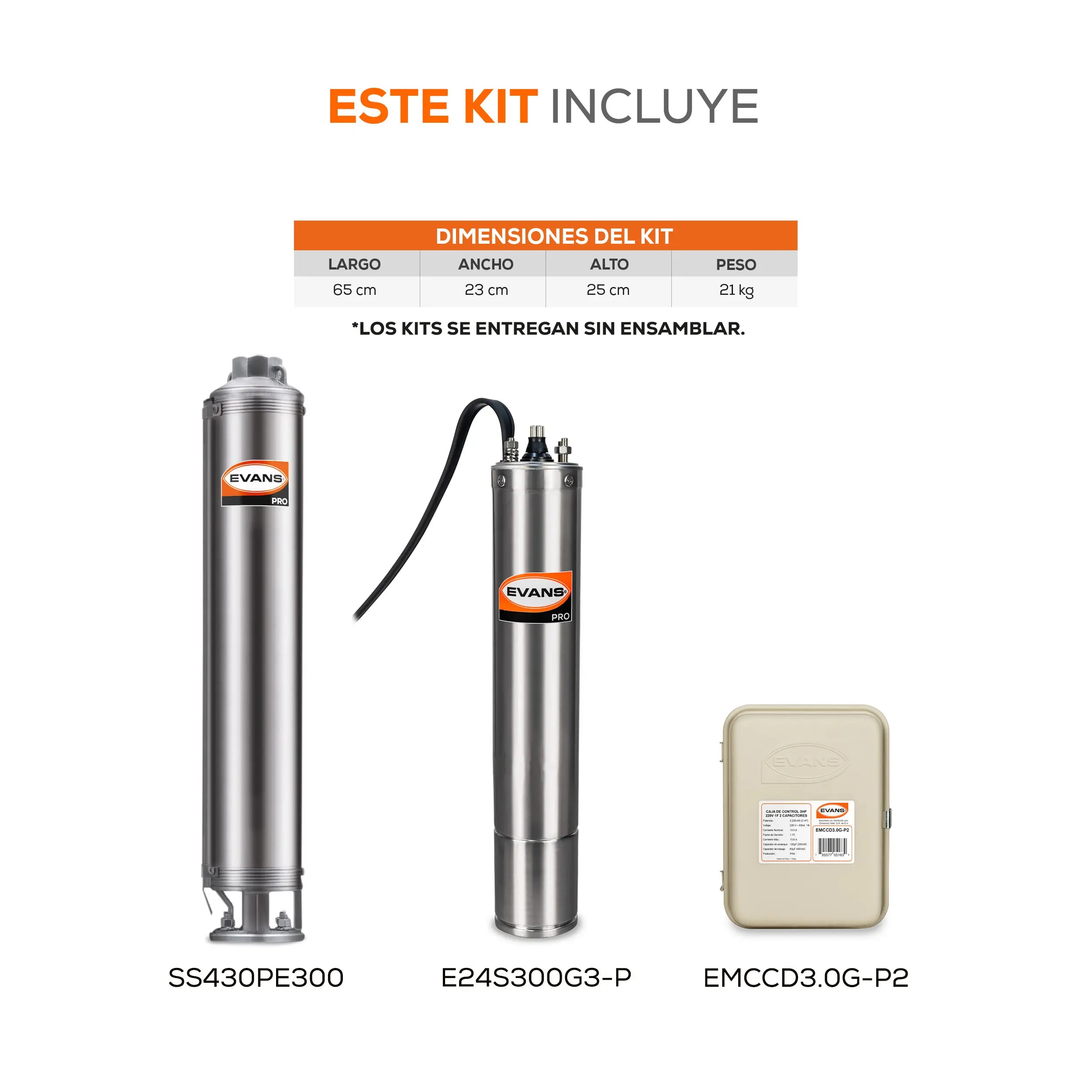Equipo de riego sumergible 30GPM 3 HP 255 LPM 220 V monofásico Marca EVANS. Modelo: K-SS430ME300G3