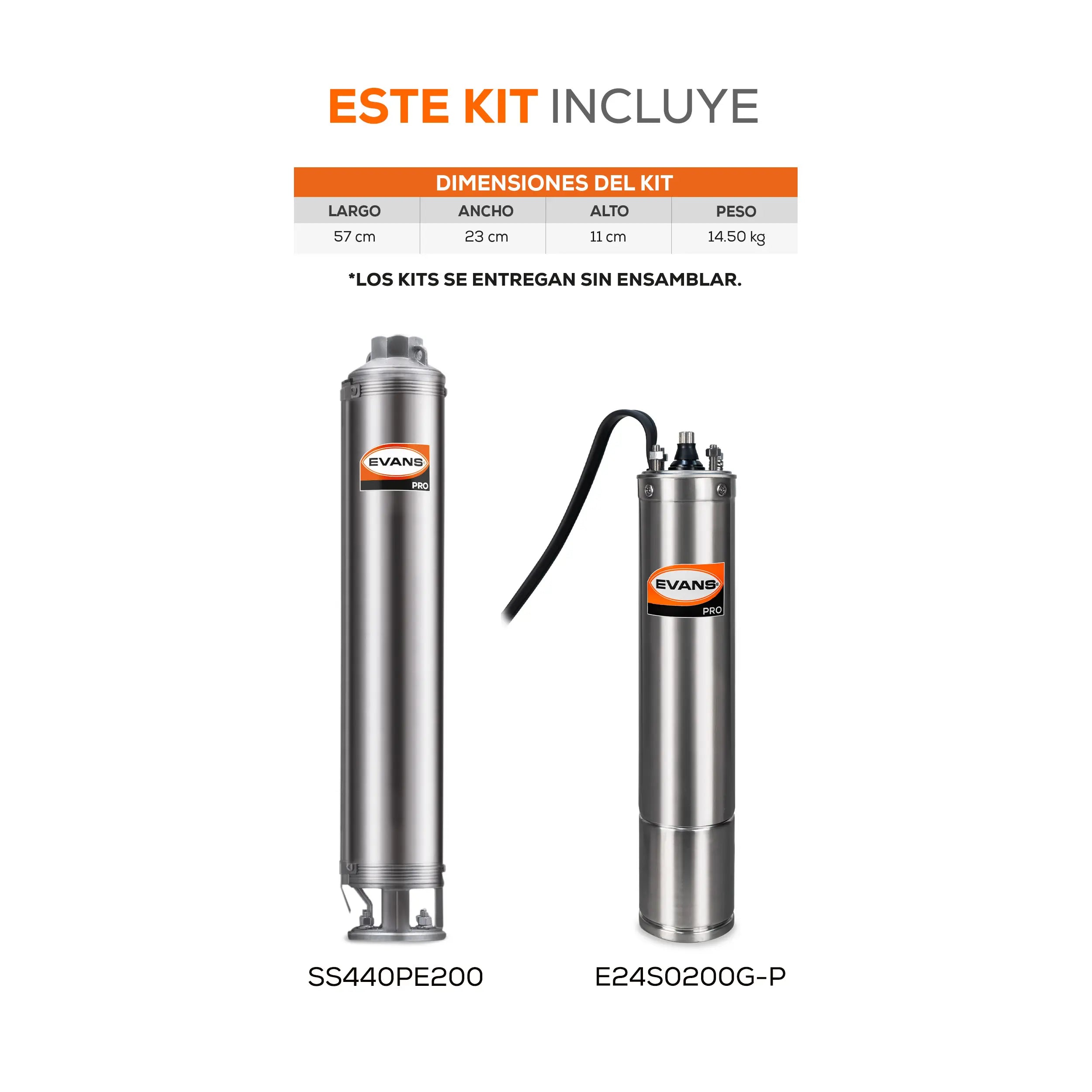 Equipo de riego sumergible 40GPM 2 HP 300 LPM 220 V trifásico Marca EVANS. Modelo: K-SS440ME0200G
