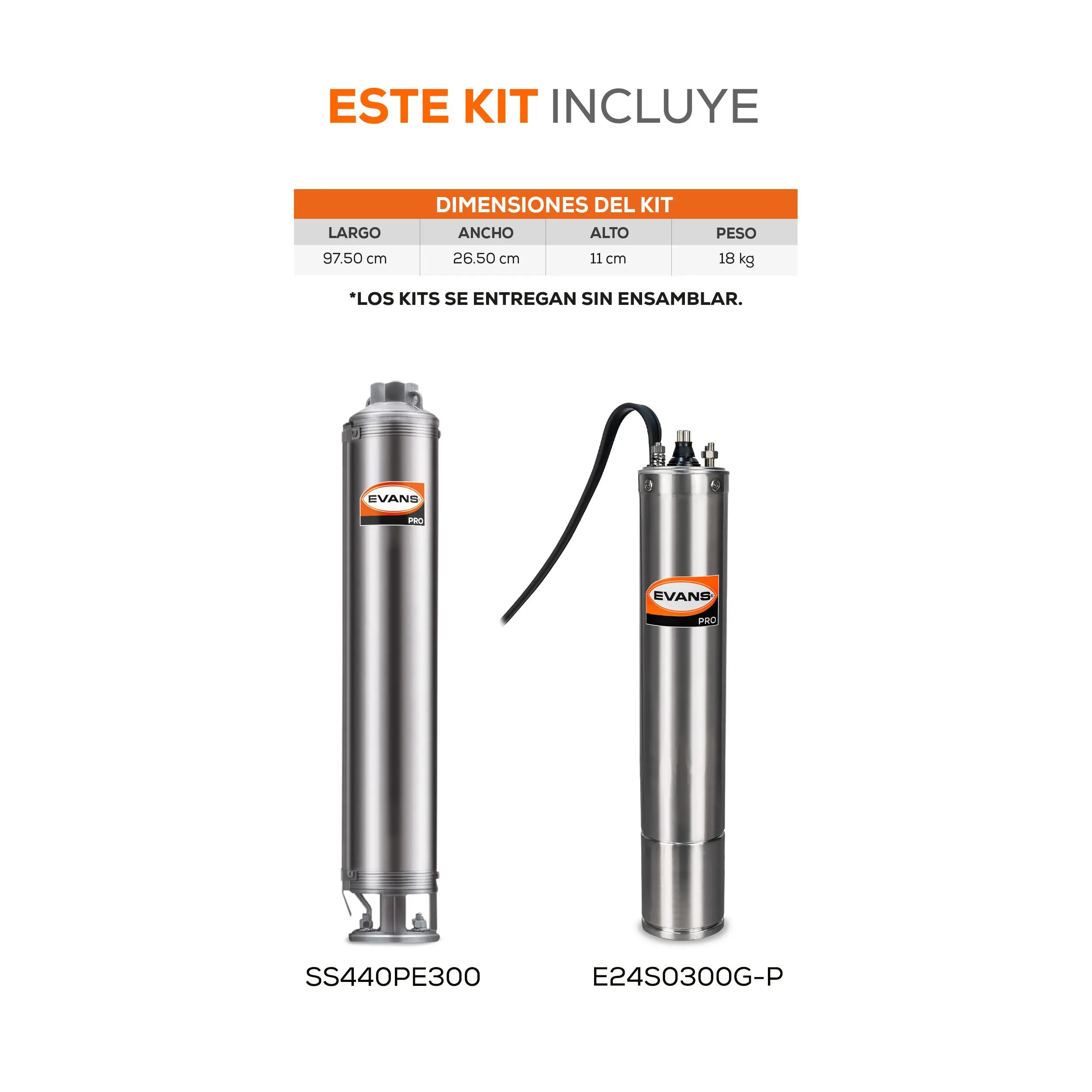 Equipo de riego sumergible 40GPM 3 HP 300 LPM 220 V trifásico Marca EVANS. Modelo: K-SS440ME0300G