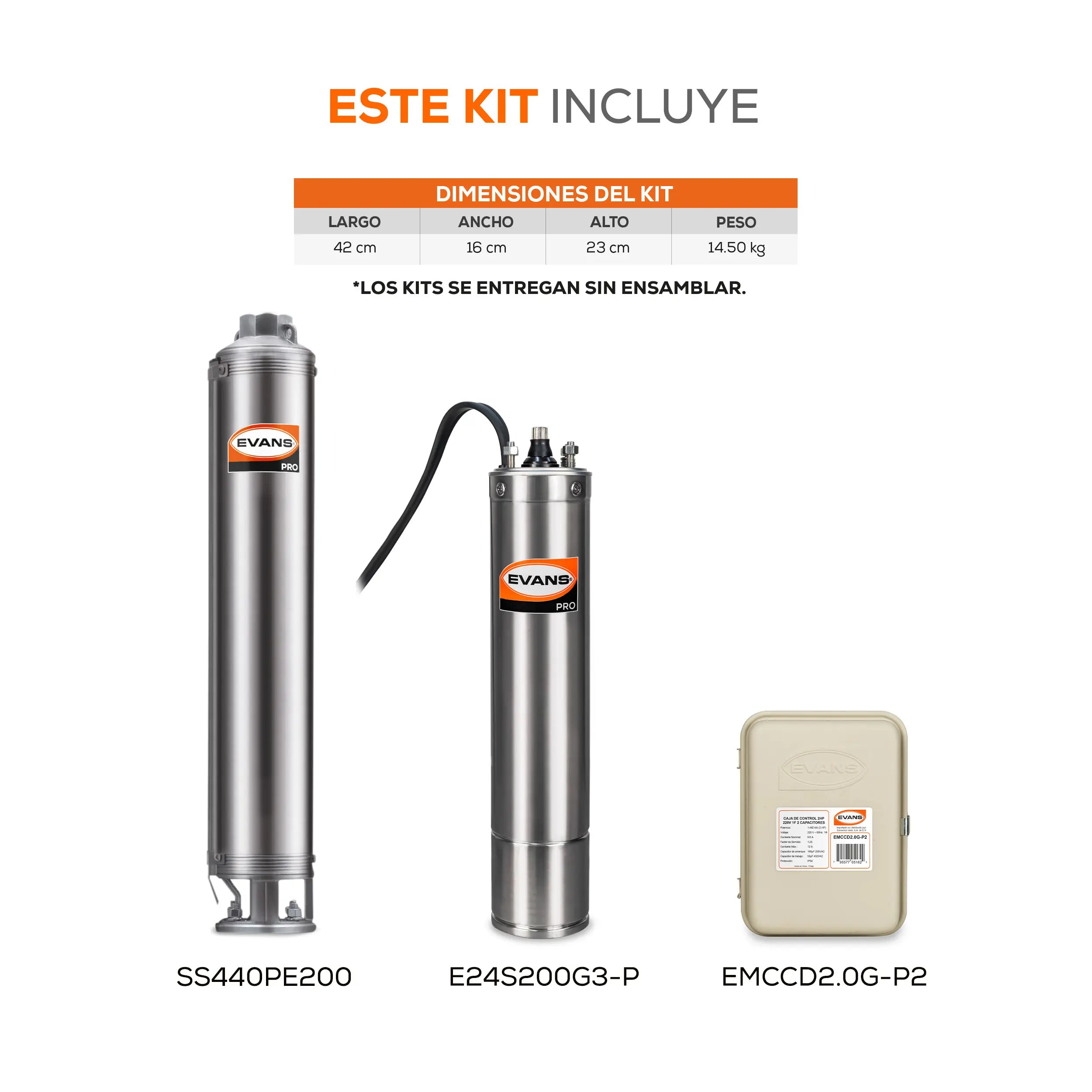 Equipo de riego sumergible 40GPM 2 HP 300 LPM 220 V monofásico Marca EVANS. Modelo: K-SS440ME200G3