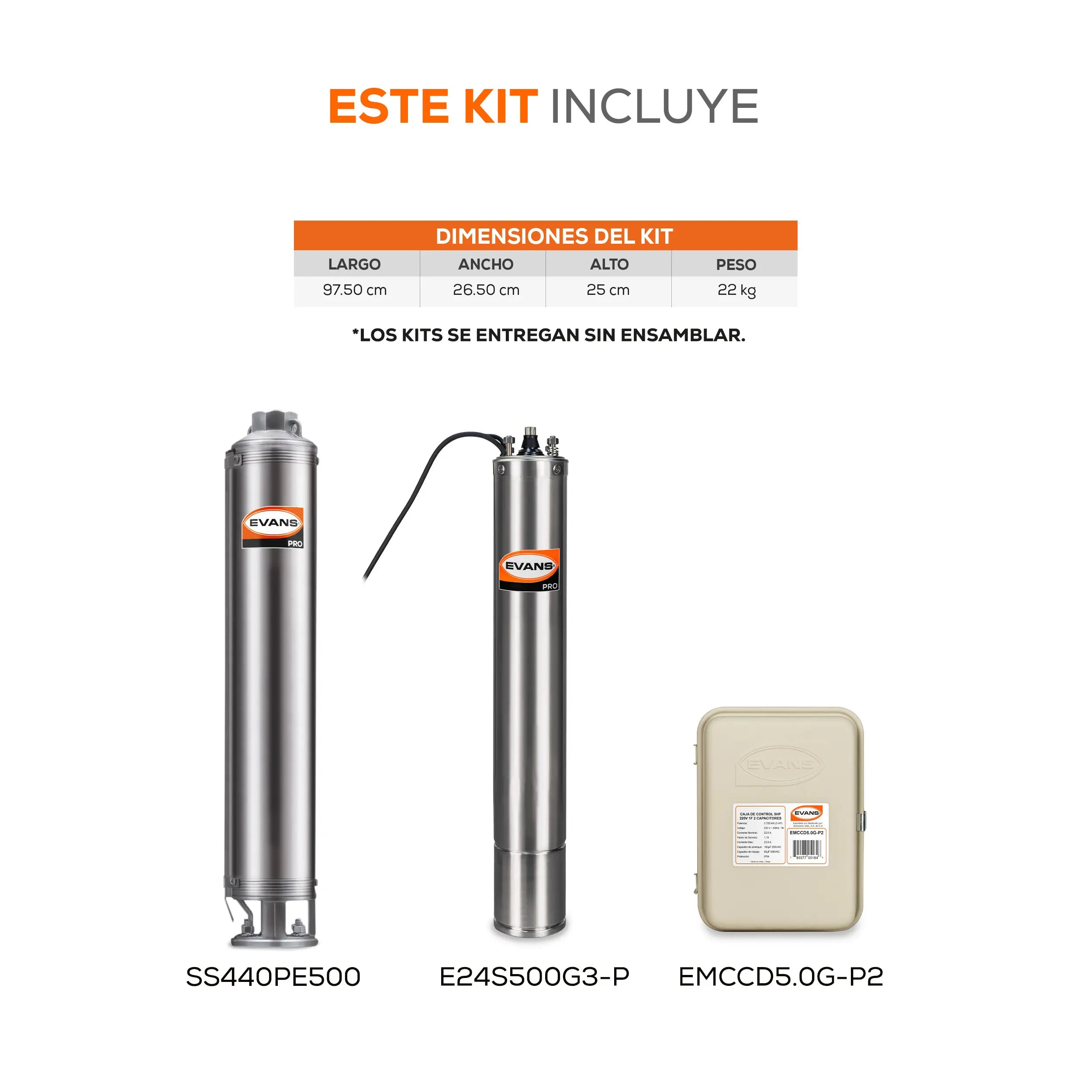 Equipo de riego sumergible 40GPM 5 HP 300 LPM 220 V monofásico Marca EVANS. Modelo: K-SS440ME500G3