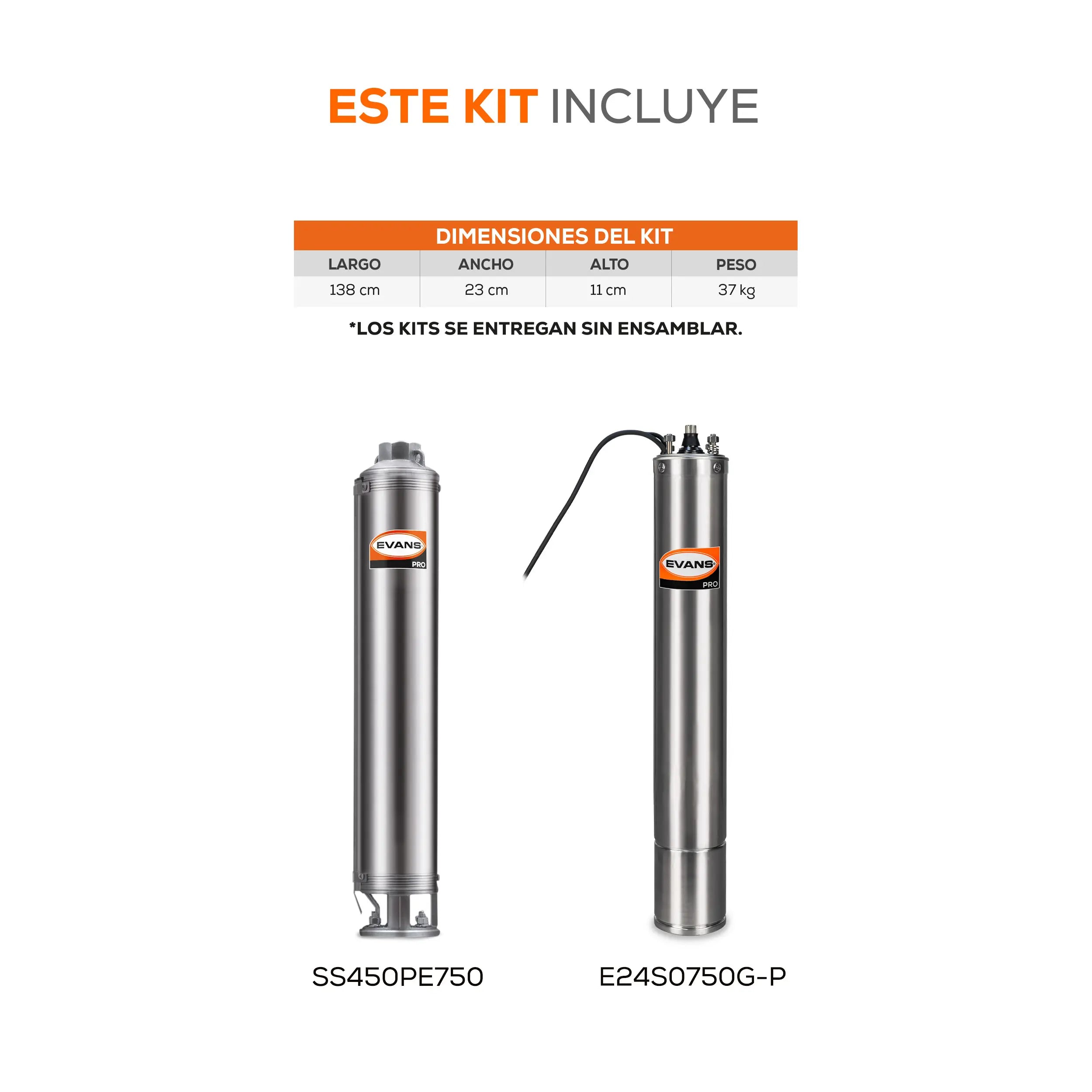 Equipo de riego sumergible 50GPM 7.5 HP 350 LPM 220 V trifásico Marca EVANS. Modelo: K-SS450ME0750G