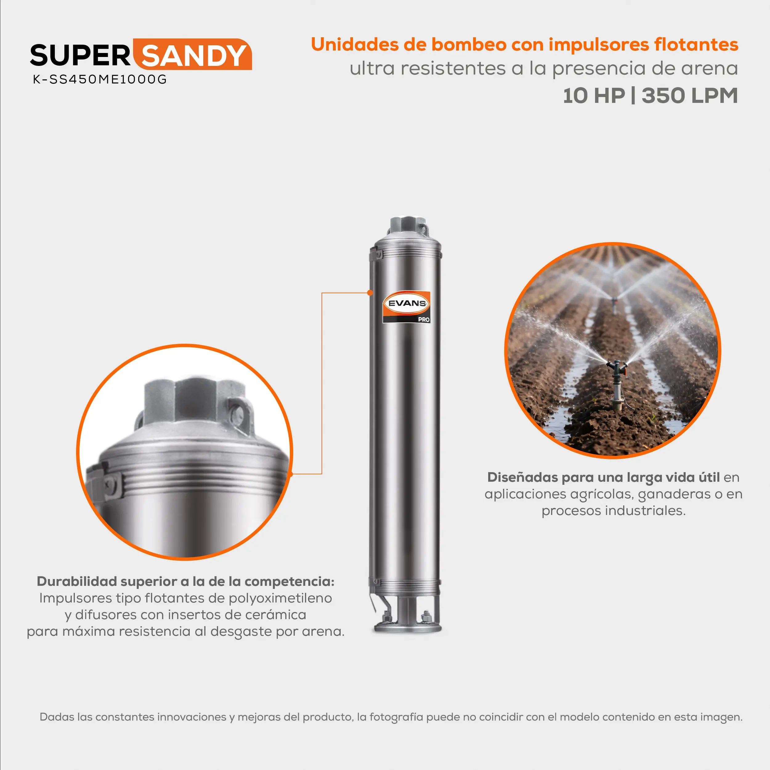 Equipo de riego sumergible 50GPM 10 HP 350 LPM 220 V trifásico Marca EVANS. Modelo: K-SS450ME1000G