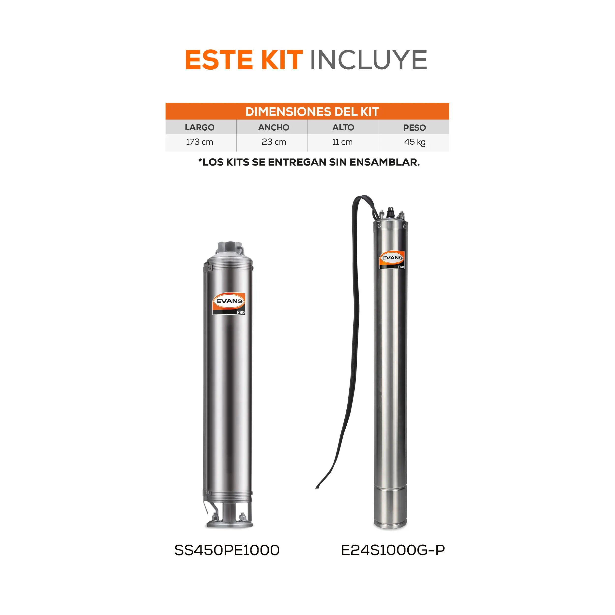Equipo de riego sumergible 50GPM 10 HP 350 LPM 220 V trifásico Marca EVANS. Modelo: K-SS450ME1000G