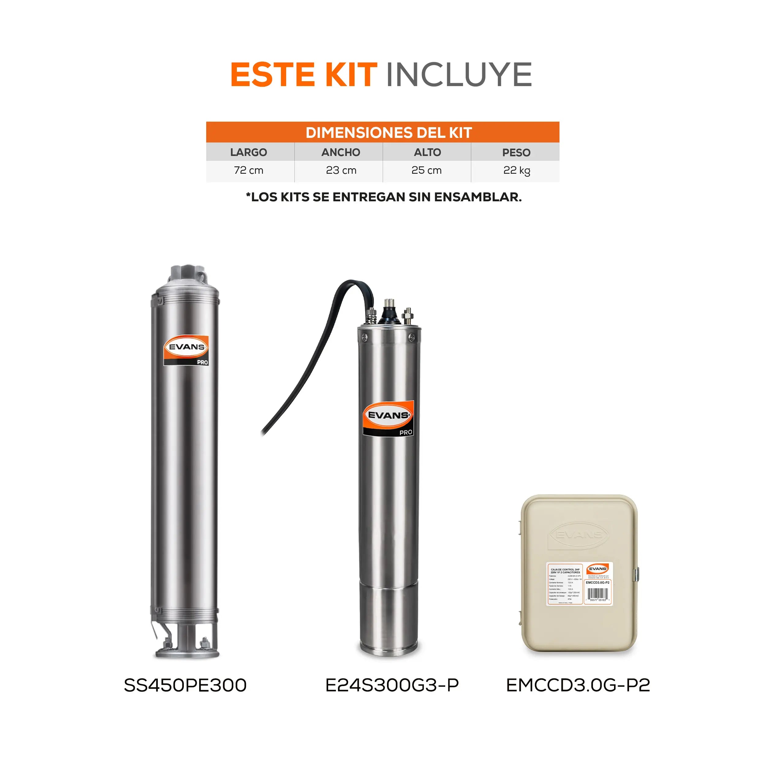 Equipo de riego sumergible 50GPM 3 HP 350 LPM 220 V monofásico Marca EVANS. Modelo: K-SS450ME300G3