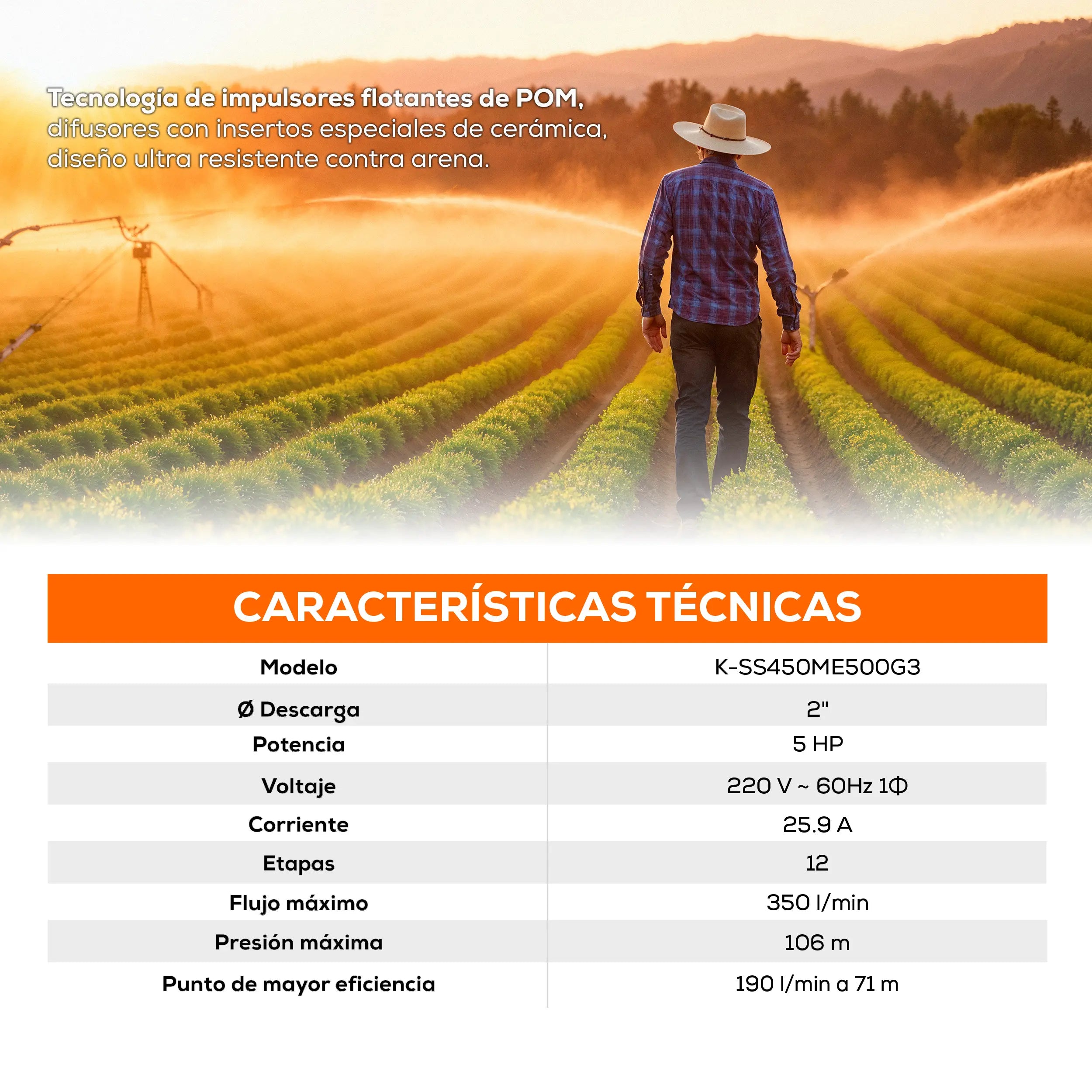 Equipo de riego sumergible 50GPM 5 HP 350 LPM 220 V monofásico Marca EVANS. Modelo: K-SS450ME500G3