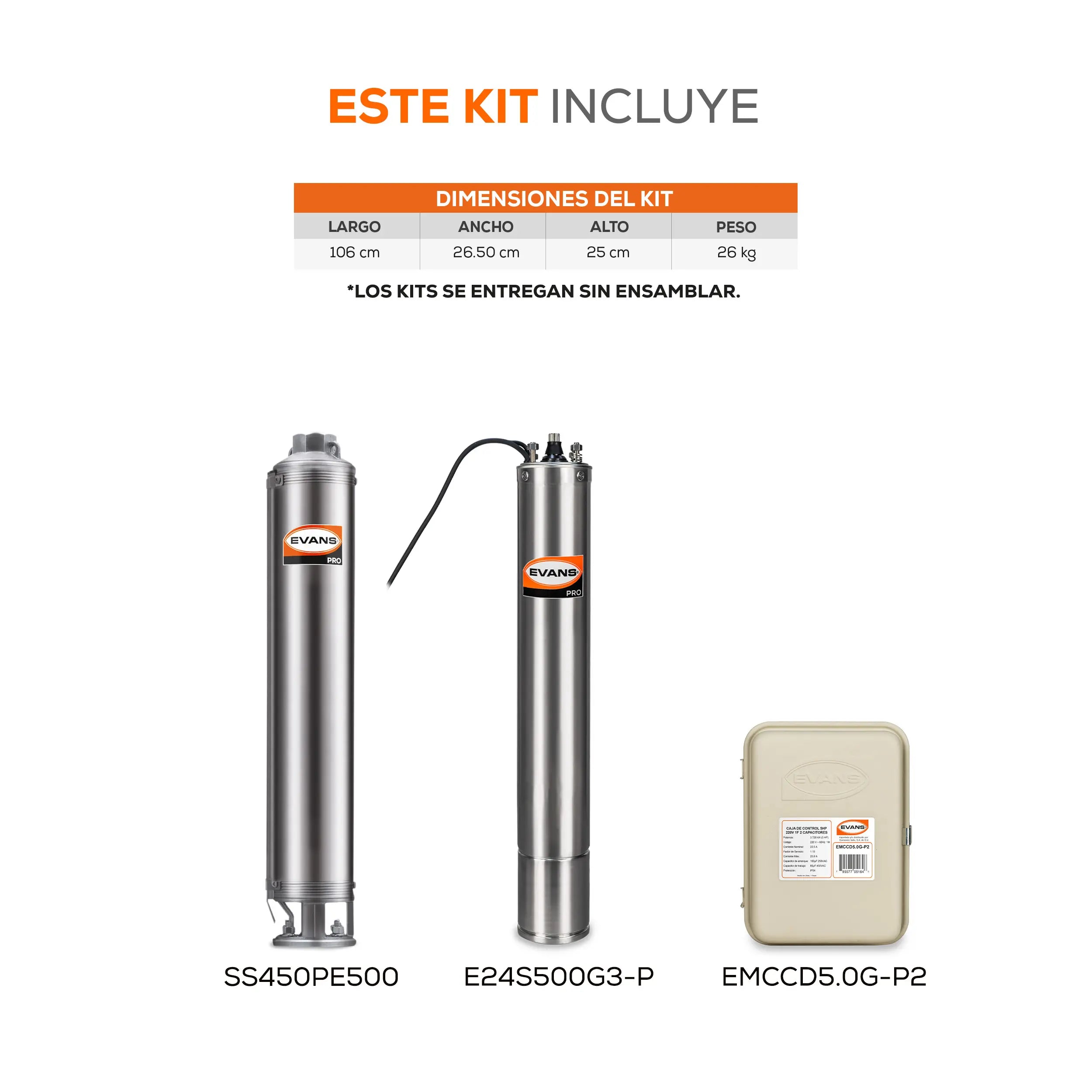Equipo de riego sumergible 50GPM 5 HP 350 LPM 220 V monofásico Marca EVANS. Modelo: K-SS450ME500G3