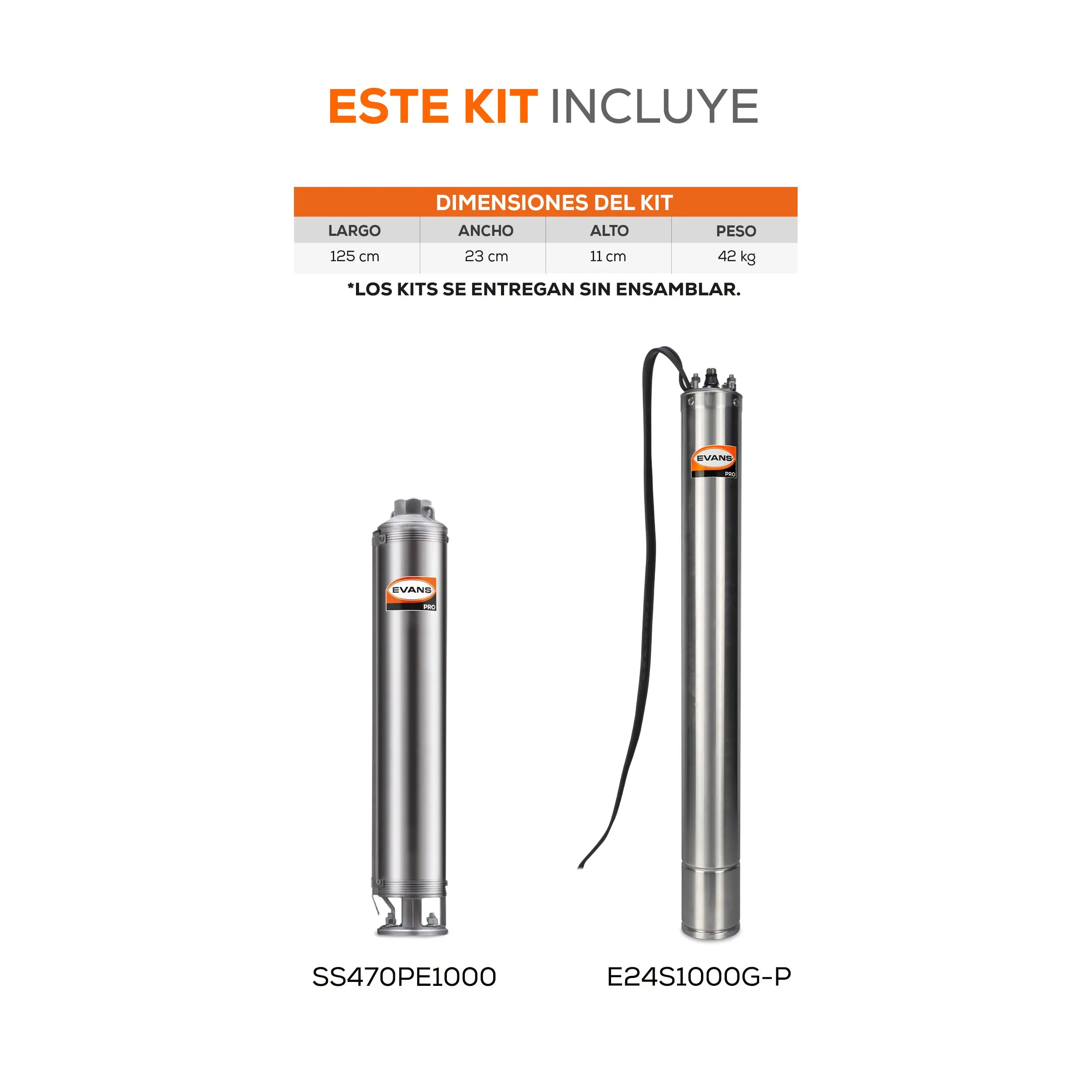 Equipo de riego sumergible 70GPM 10 HP 550 LPM 220 V trifásico Marca EVANS. Modelo: K-SS470ME1000G