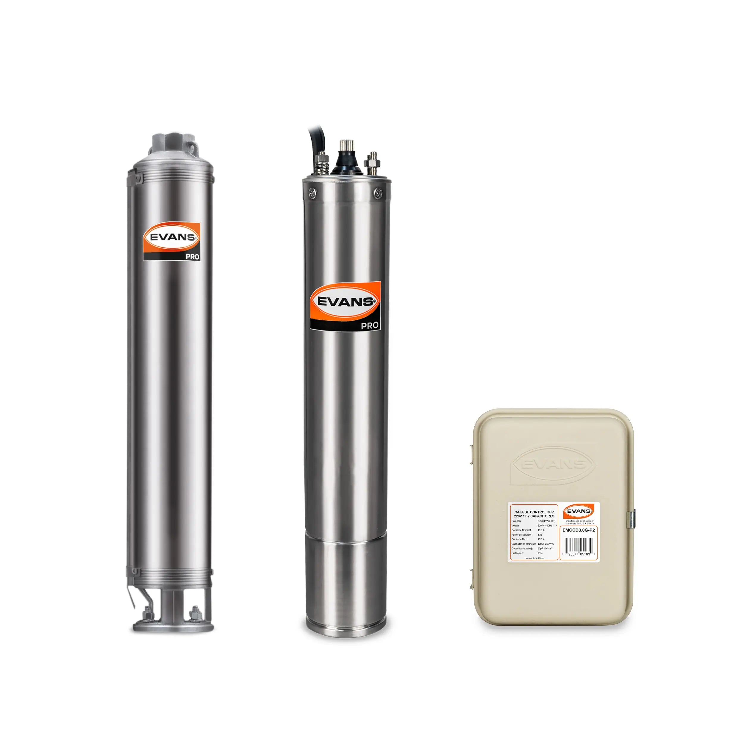 Equipo de riego sumergible 70GPM 3 HP 550 LPM 220 V monofásico Marca EVANS. Modelo: K-SS470ME300G3