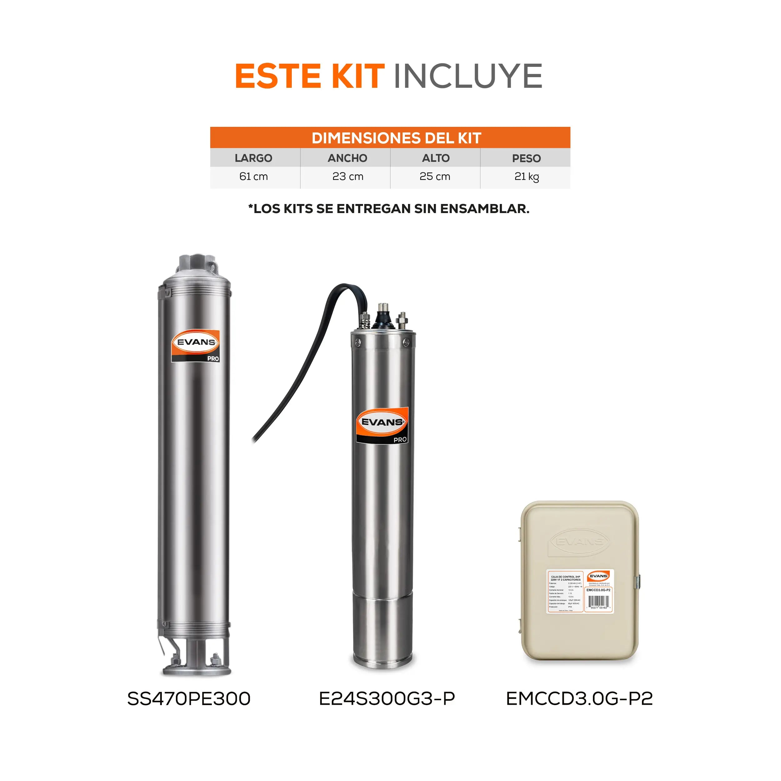 Equipo de riego sumergible 70GPM 3 HP 550 LPM 220 V monofásico Marca EVANS. Modelo: K-SS470ME300G3