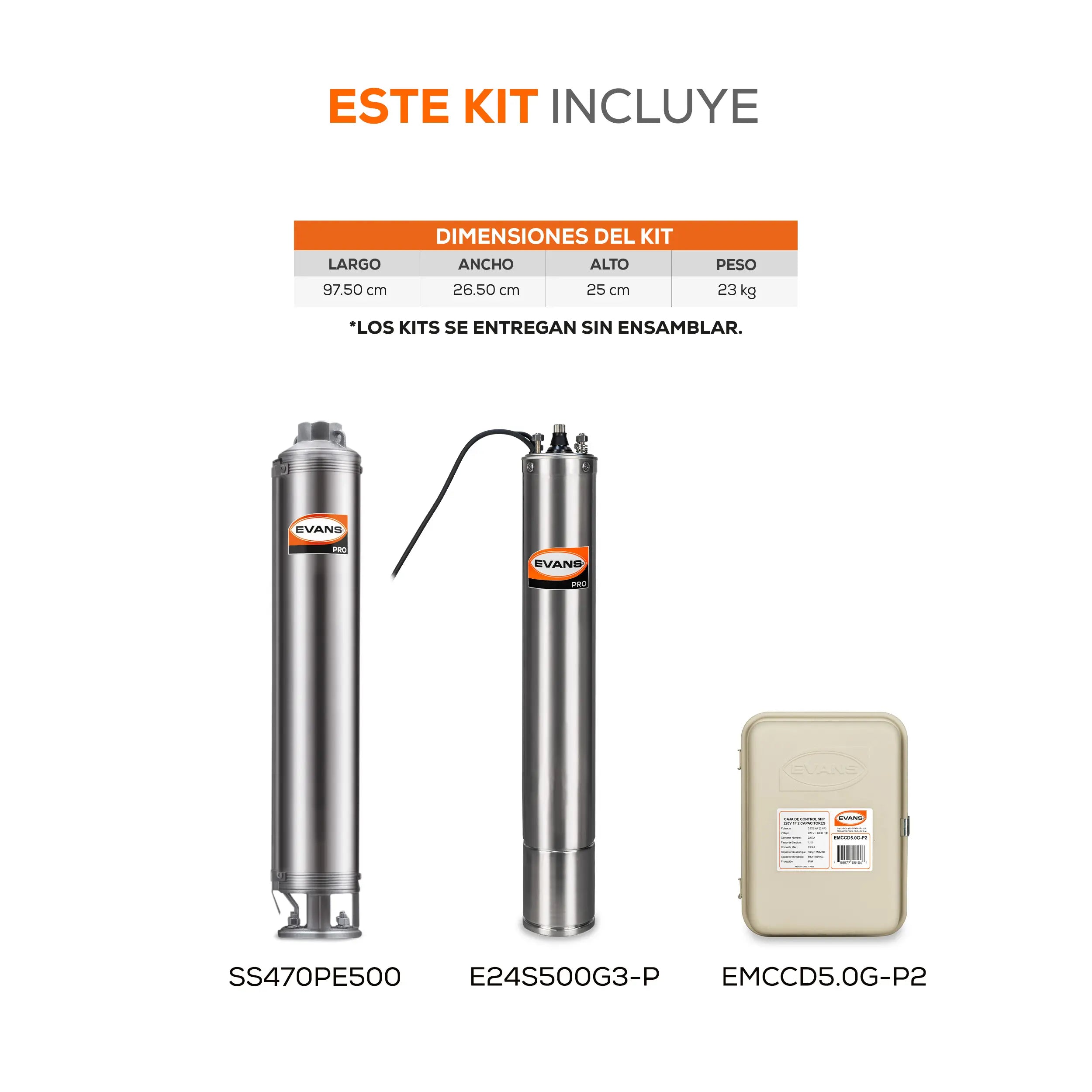 Equipo de riego sumergible 70GPM 5 HP 550 LPM 220 V monofásico Marca EVANS. Modelo: K-SS470ME500G3