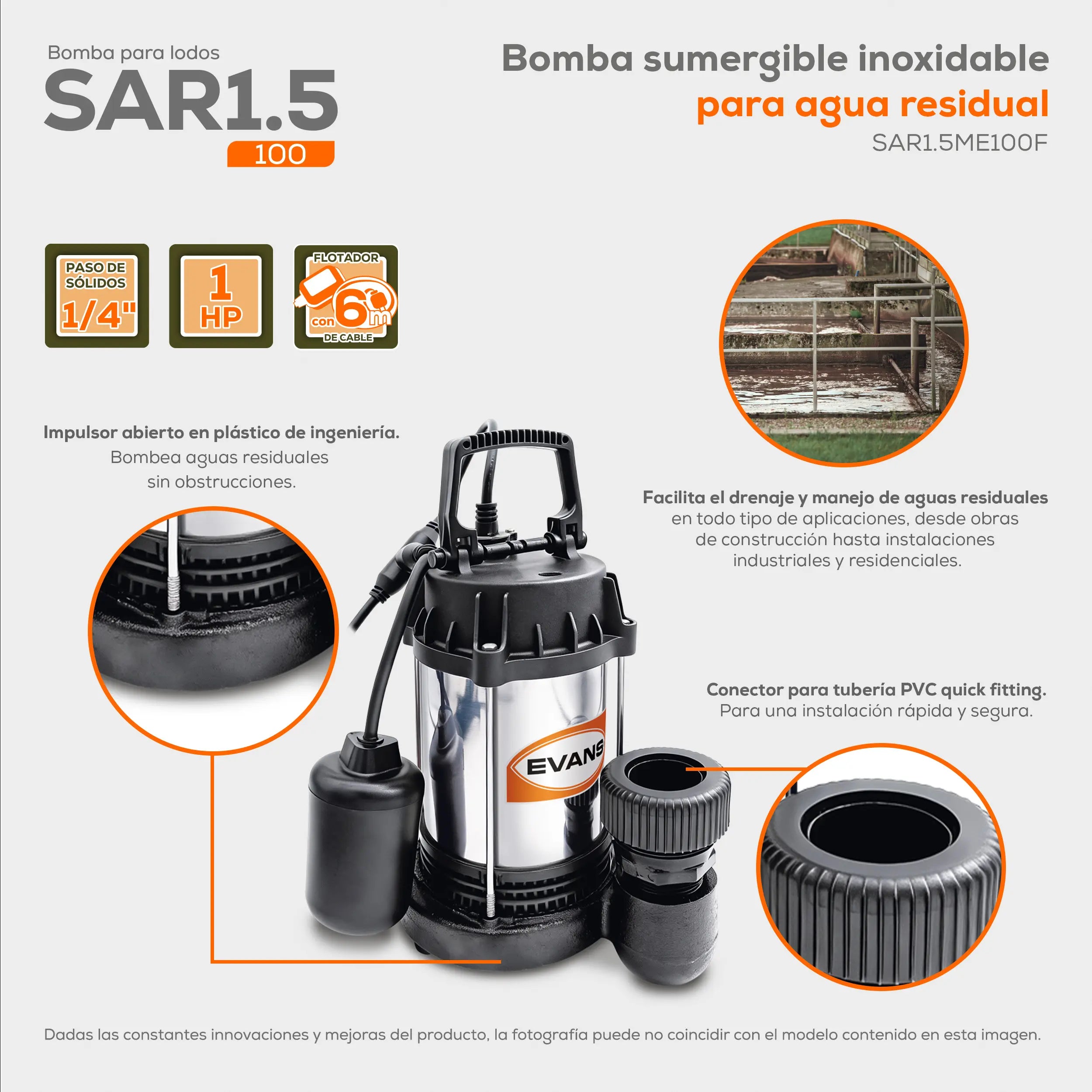 Bomba sumergible para aguas residuales 1 HP 265 LPM 115 V monofásico. Marca EVANS. Modelo: SAR1.5ME100F