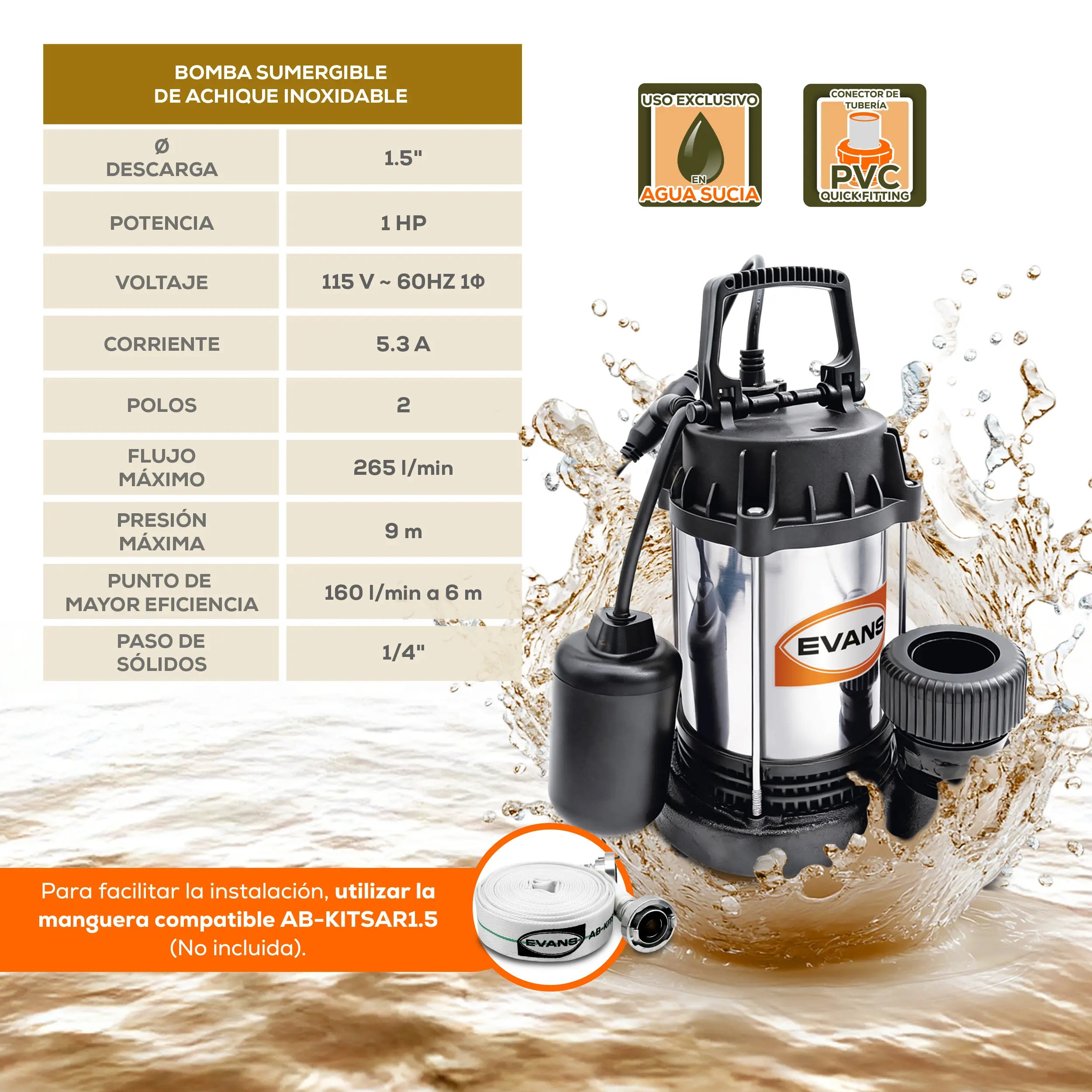 Bomba sumergible para aguas residuales 1 HP 265 LPM 115 V monofásico. Marca EVANS. Modelo: SAR1.5ME100F