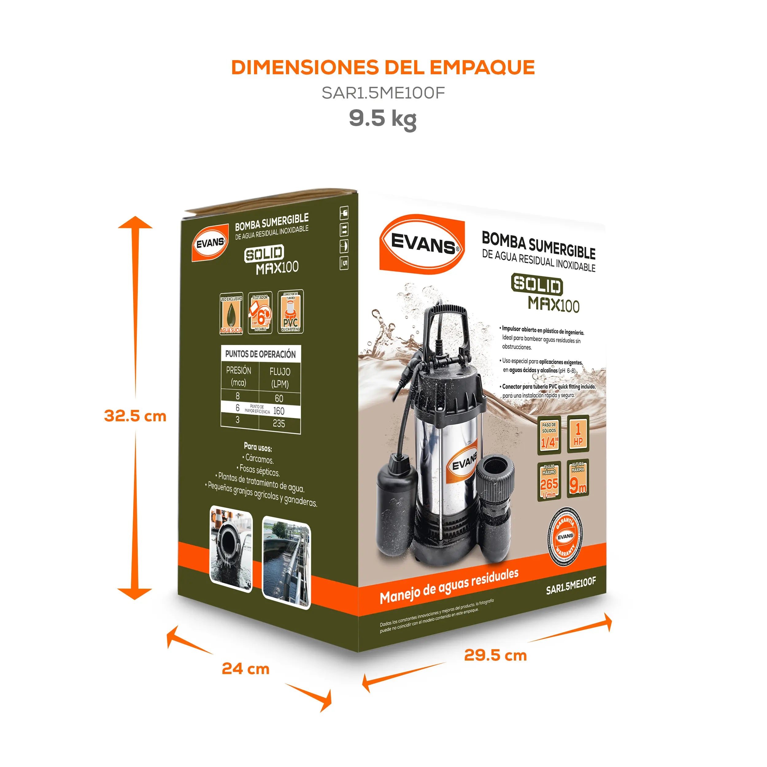 Bomba sumergible para aguas residuales 1 HP 265 LPM 115 V monofásico. Marca EVANS. Modelo: SAR1.5ME100F