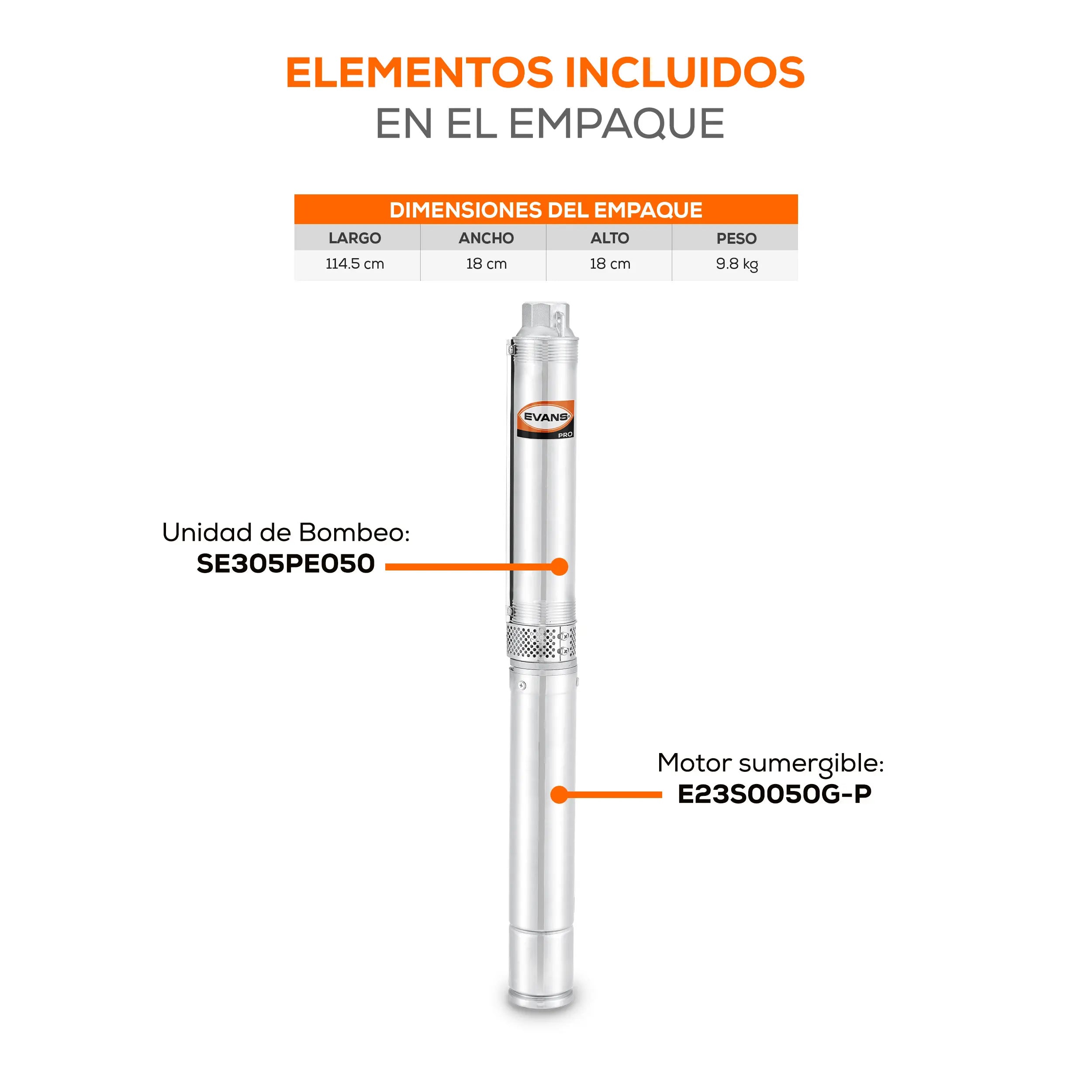 Equipo de riego 3" 5GPM 1/2HP 38 LPM 220 V trifásico Marca EVANS. Modelo: SD305ME0050G