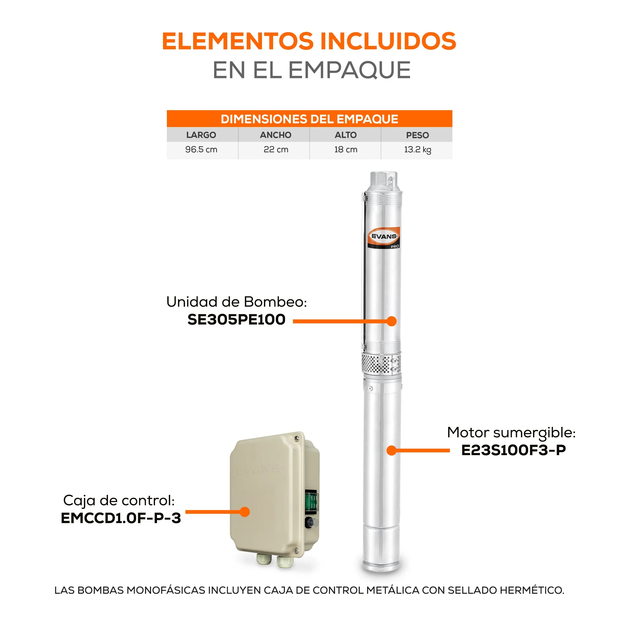 Equipo de riego 3" 5GPM 1HP 38 LPM 115 V monofásico Marca EVANS. Modelo: SD305ME100F3