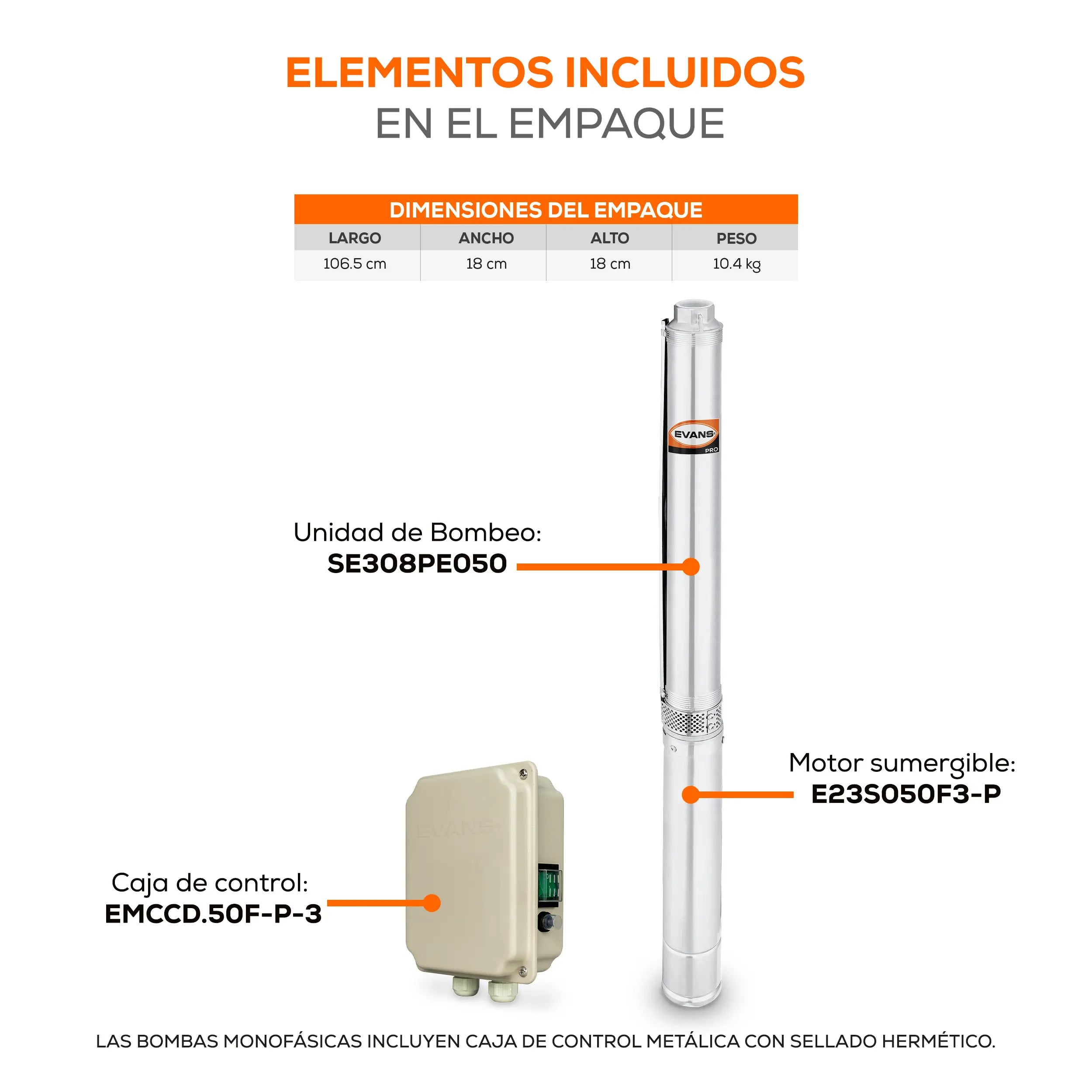 Equipo de riego 3" 8GPM 1/2HP 66 LPM 115 V monofásico Marca EVANS. Modelo: SD308ME050F3