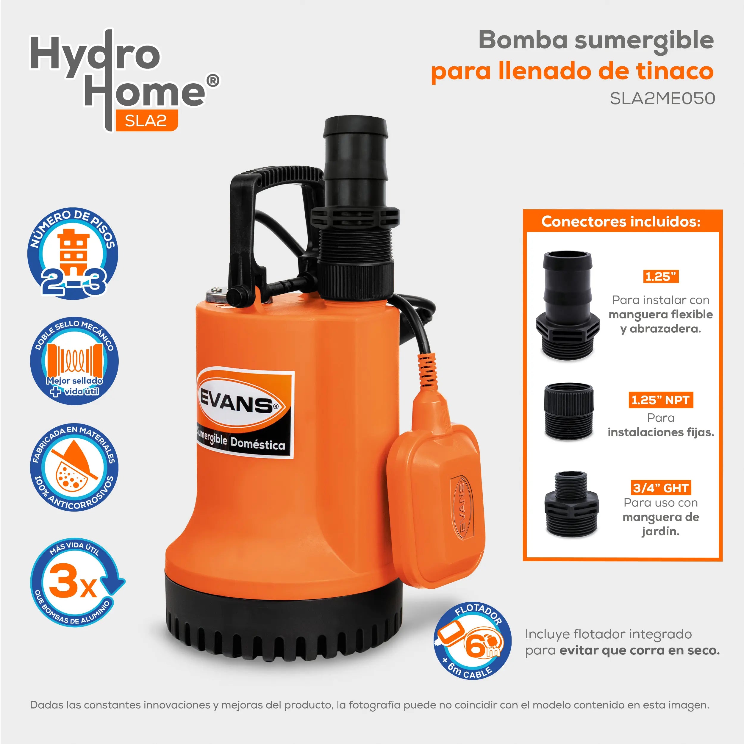 Bomba sumergible para cisterna 1/2 HP 133 LPM 115 V monofásico Marca EVANS. Modelo: SLA2ME050