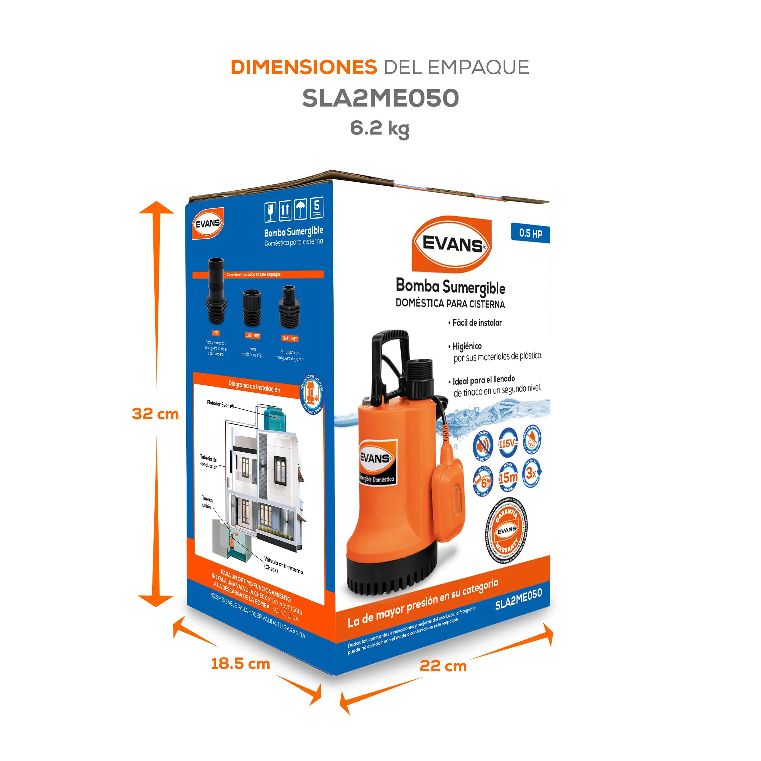 Bomba sumergible para cisterna 1/2 HP 133 LPM 115 V monofásico Marca EVANS. Modelo: SLA2ME050