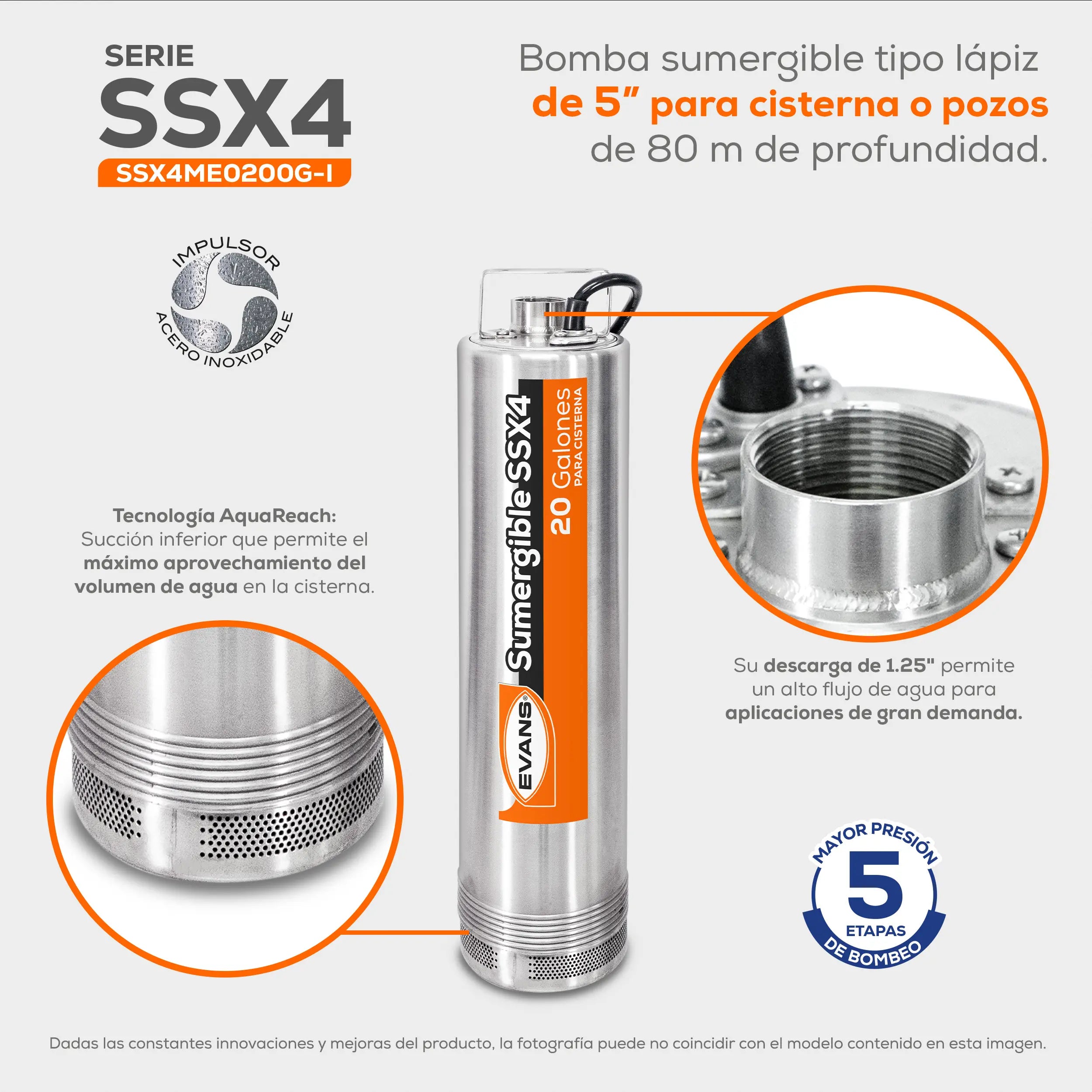 Bomba sumergible para cisterna 2 HP 220 V trifásico Marca EVANS. Modelo: SSX4ME0200G-I