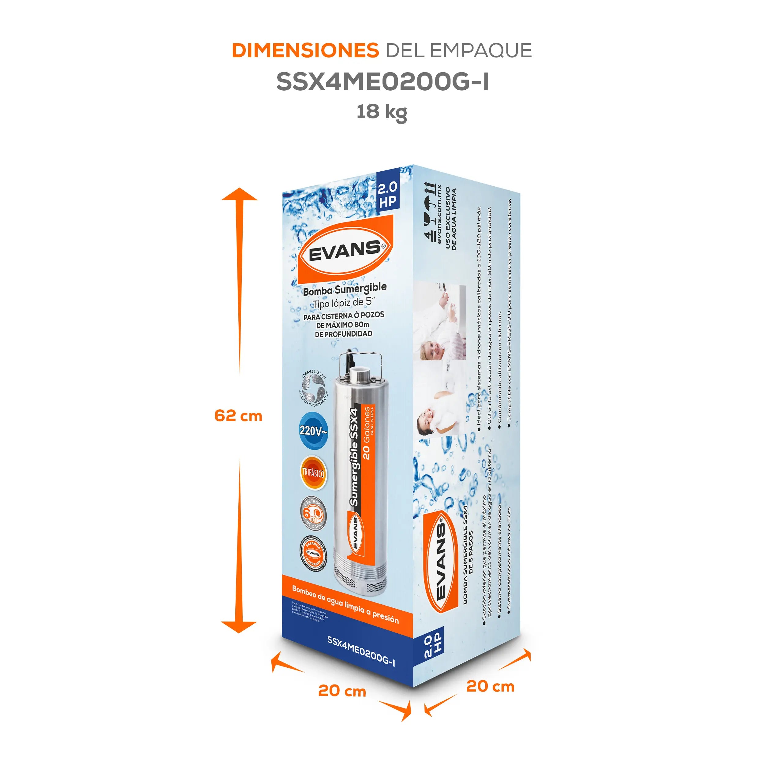 Bomba sumergible para cisterna 2 HP 220 V trifásico Marca EVANS. Modelo: SSX4ME0200G-I