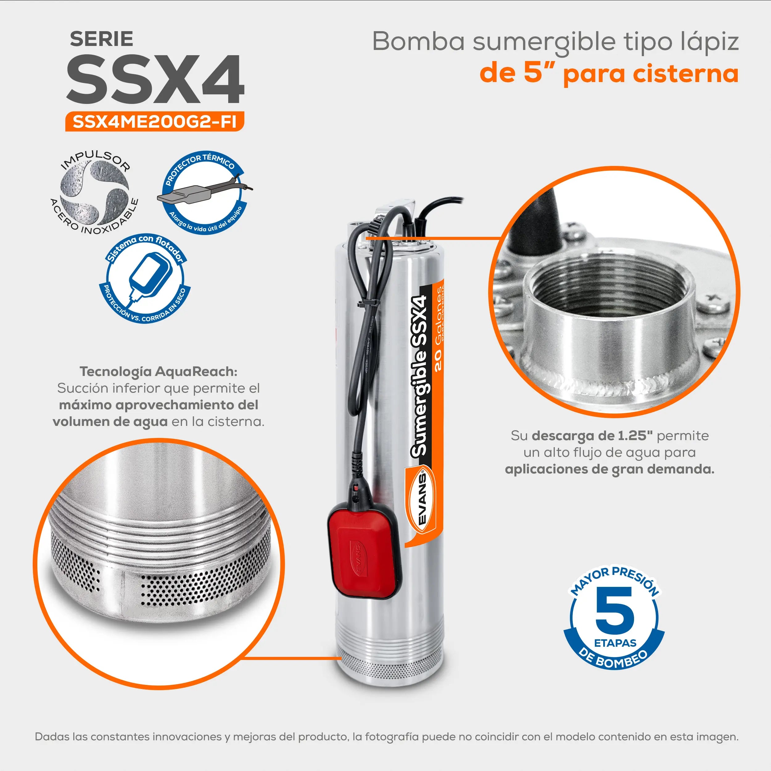 Bomba sumergible para cisterna 2 HP 220 V monofásico Marca EVANS. Modelo: SSX4ME200G2-FI