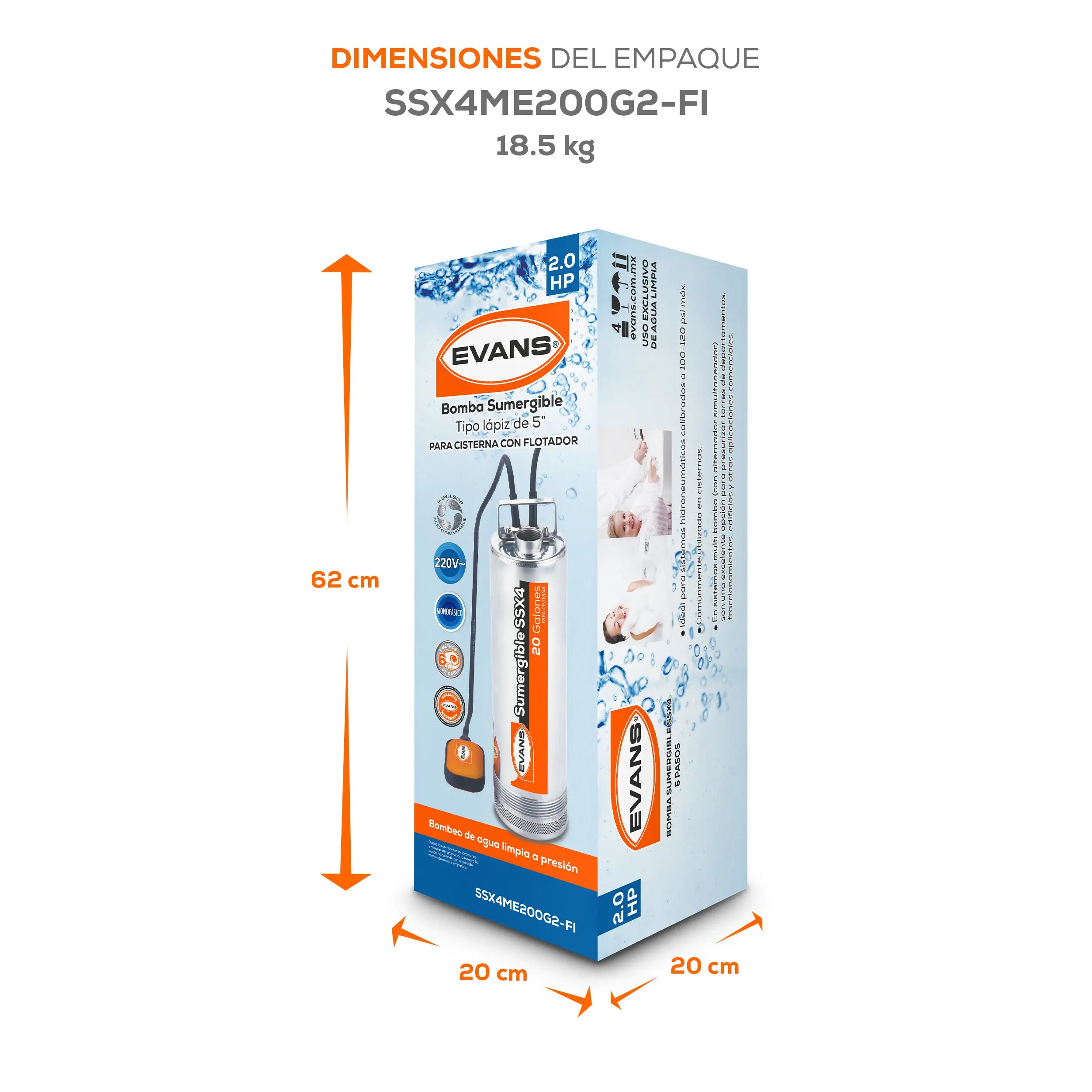 Bomba sumergible para cisterna 2 HP 220 V monofásico Marca EVANS. Modelo: SSX4ME200G2-FI