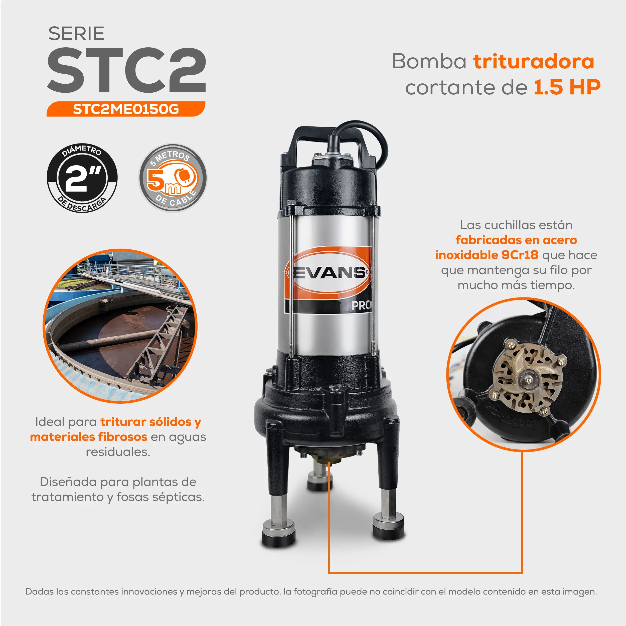 Bomba sumergible para aguas residuales 1.5 HP 340 LPM 220 V trifásico Marca EVANS. Modelo: STC2ME0150G