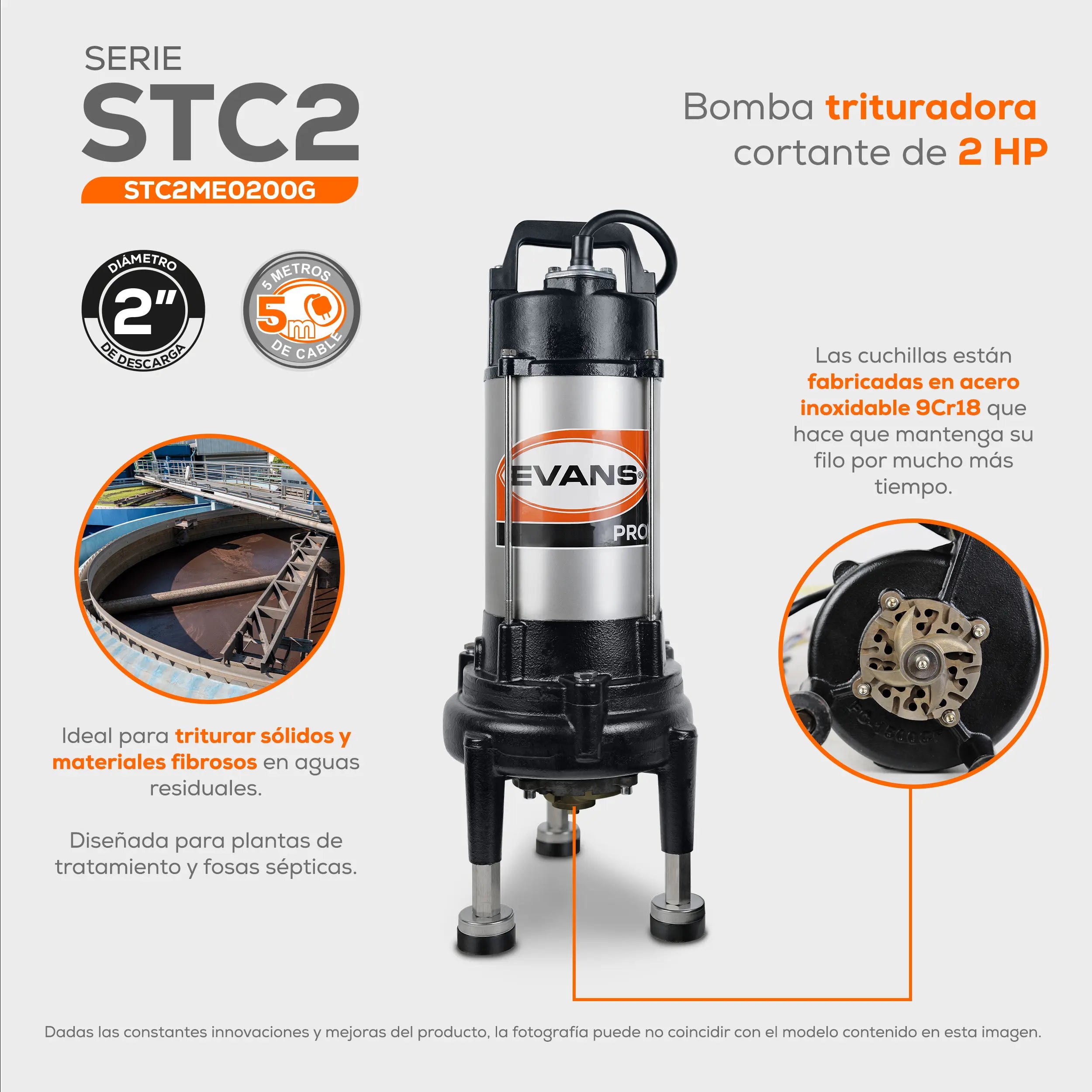 Bomba sumergible para aguas residuales 2 HP 385 LPM 220 V trifásico Marca EVANS. Modelo: STC2ME0200G