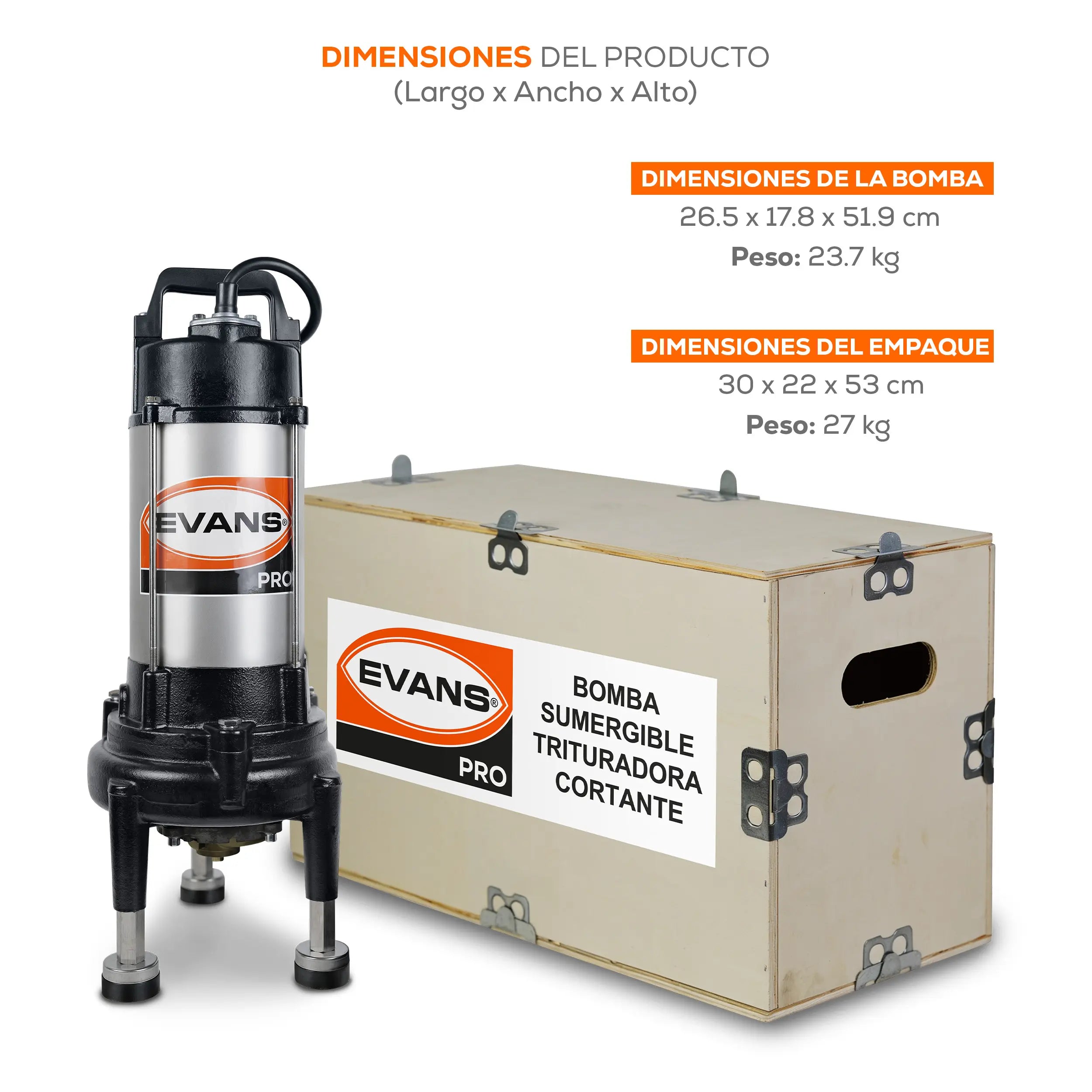 Bomba sumergible para aguas residuales 2 HP 385 LPM 220 V trifásico Marca EVANS. Modelo: STC2ME0200G