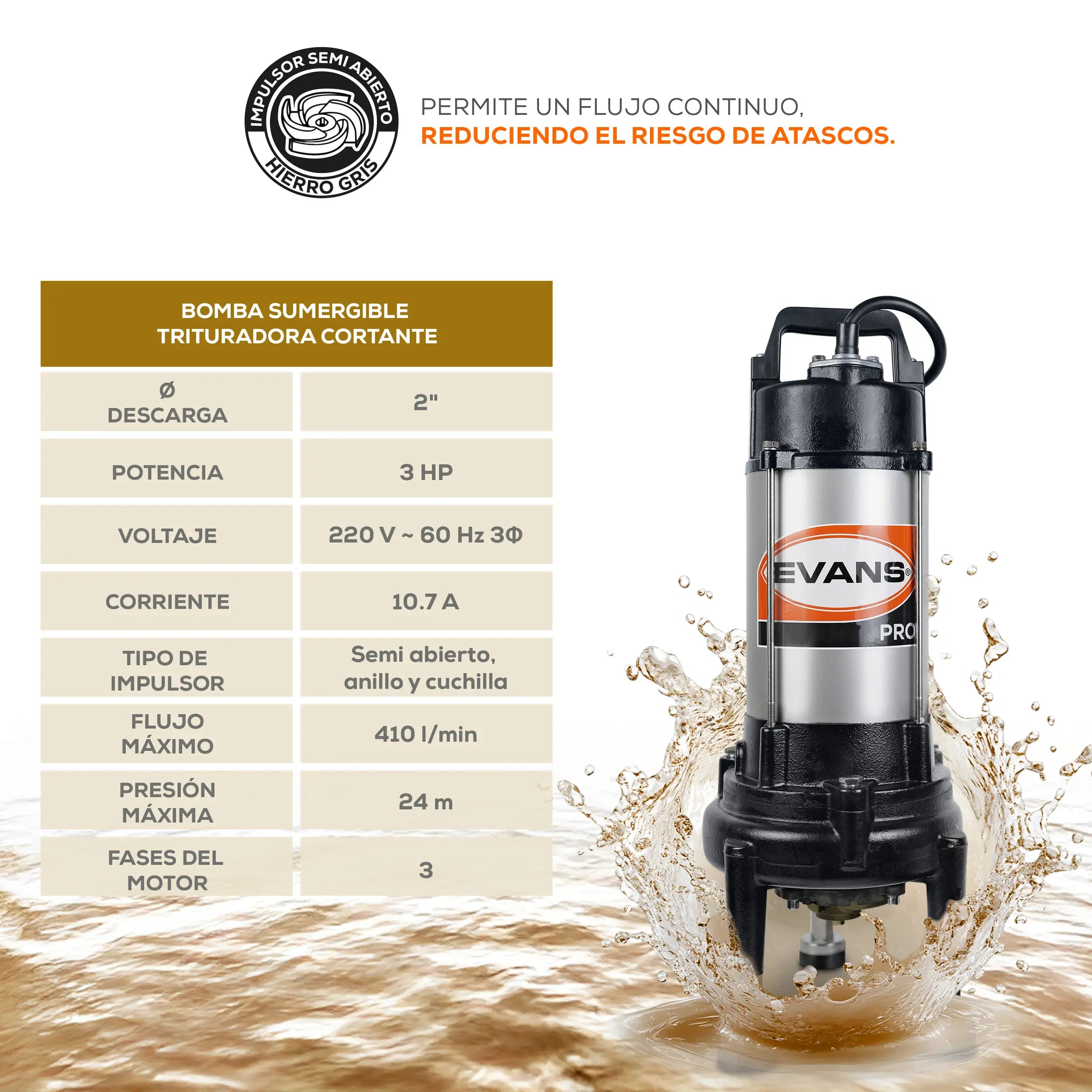 Bomba sumergible para aguas residuales 3 HP 410 LPM 220 V trifásico Marca EVANS. Modelo: STC2ME0300G