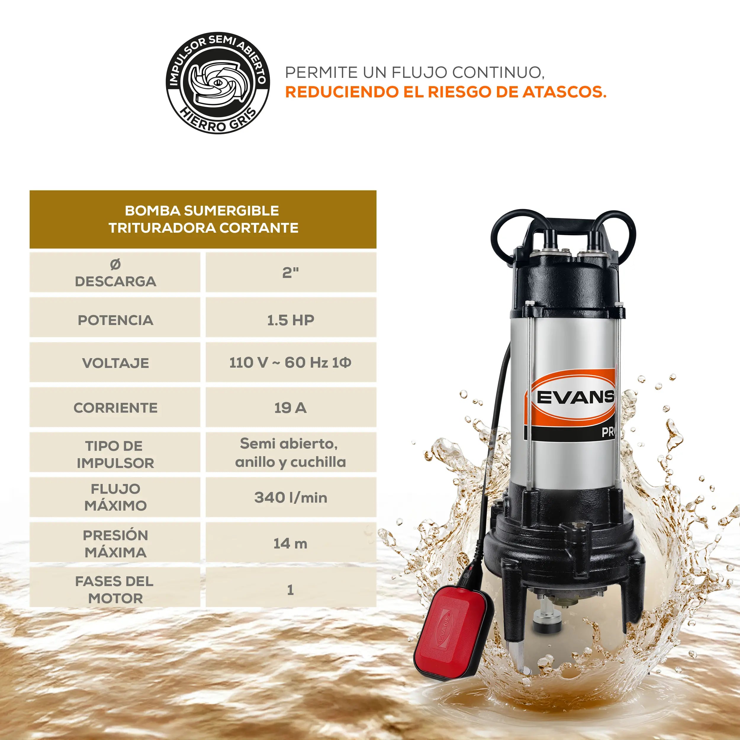 Bomba sumergible para aguas residuales 1.5 HP 340 LPM 115 V monofásico Marca EVANS. Modelo: STC2ME150F-F