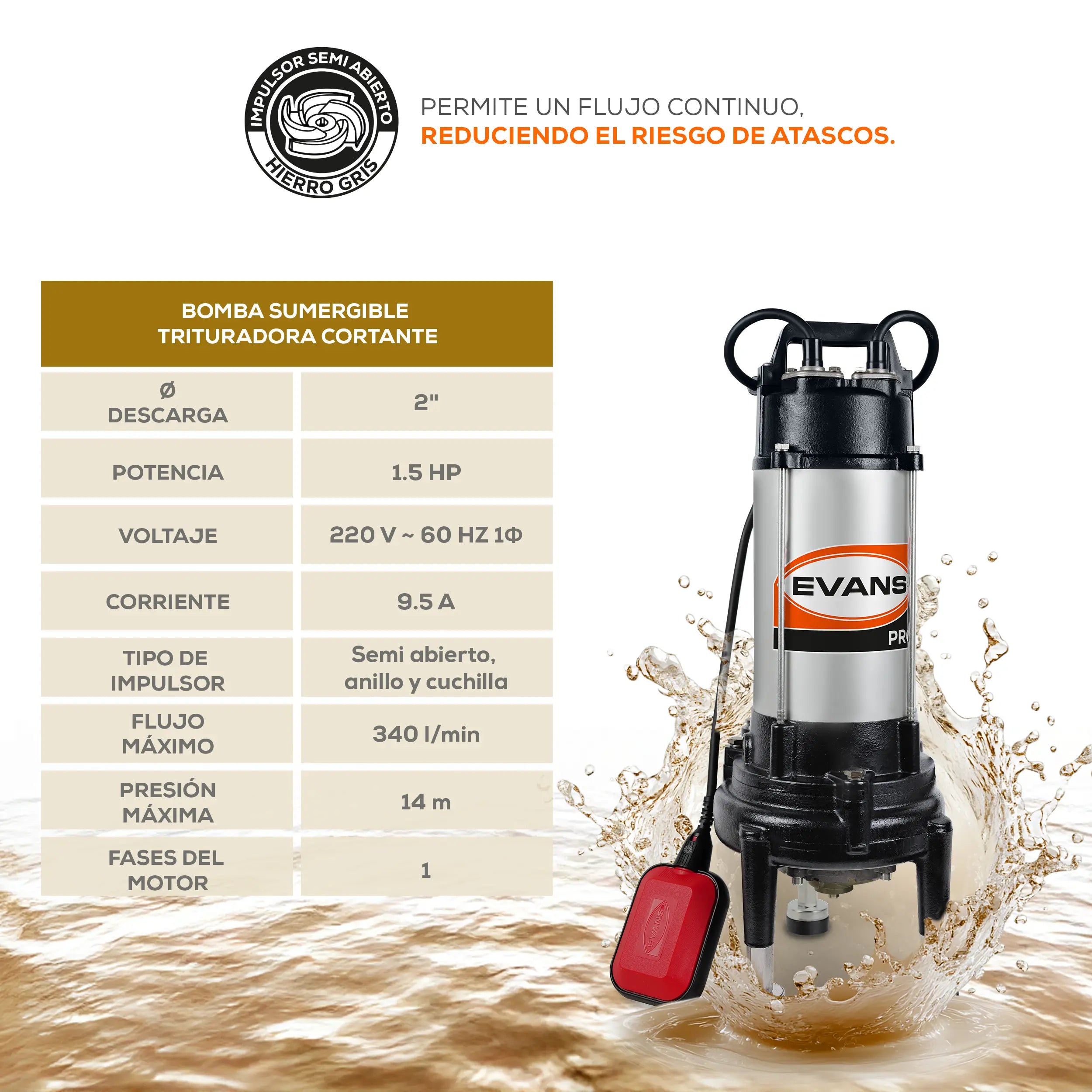 Bomba sumergible para aguas residuales 1.5 HP 340 LPM 220 V monofásico Marca EVANS. Modelo: STC2ME150G-F
