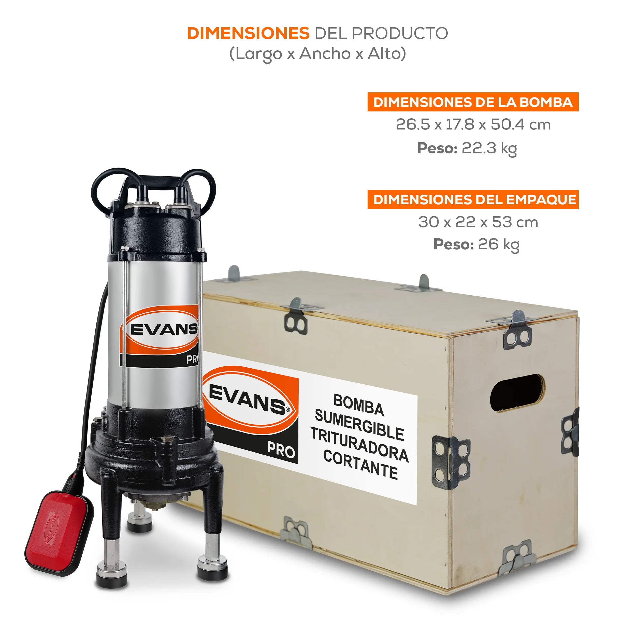 Bomba sumergible para aguas residuales 1.5 HP 340 LPM 220 V monofásico Marca EVANS. Modelo: STC2ME150G-F