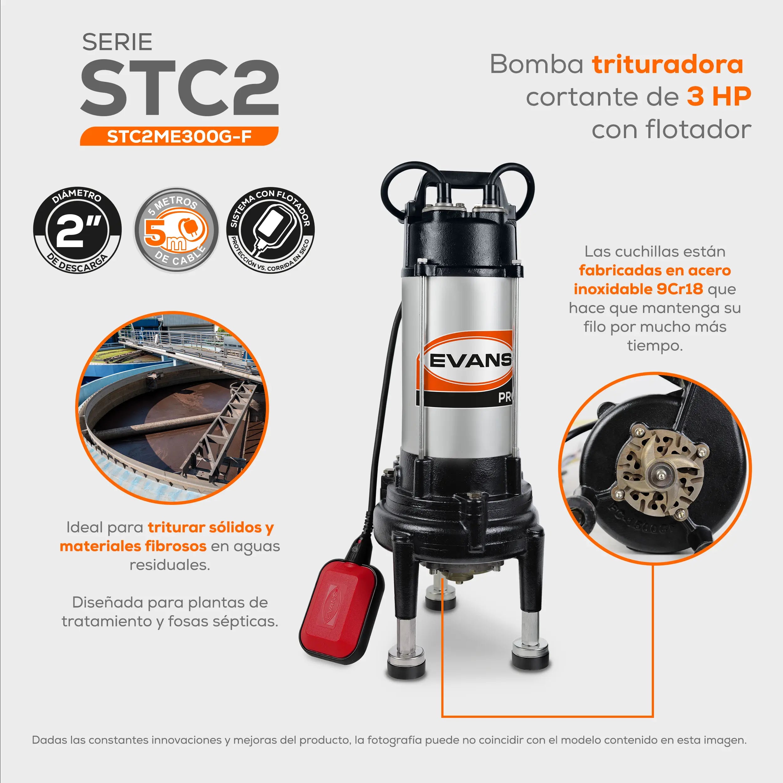 Bomba sumergible para aguas residuales 2 HP 410 LPM 220 V monofásico Marca EVANS. Modelo: STC2ME300G-F