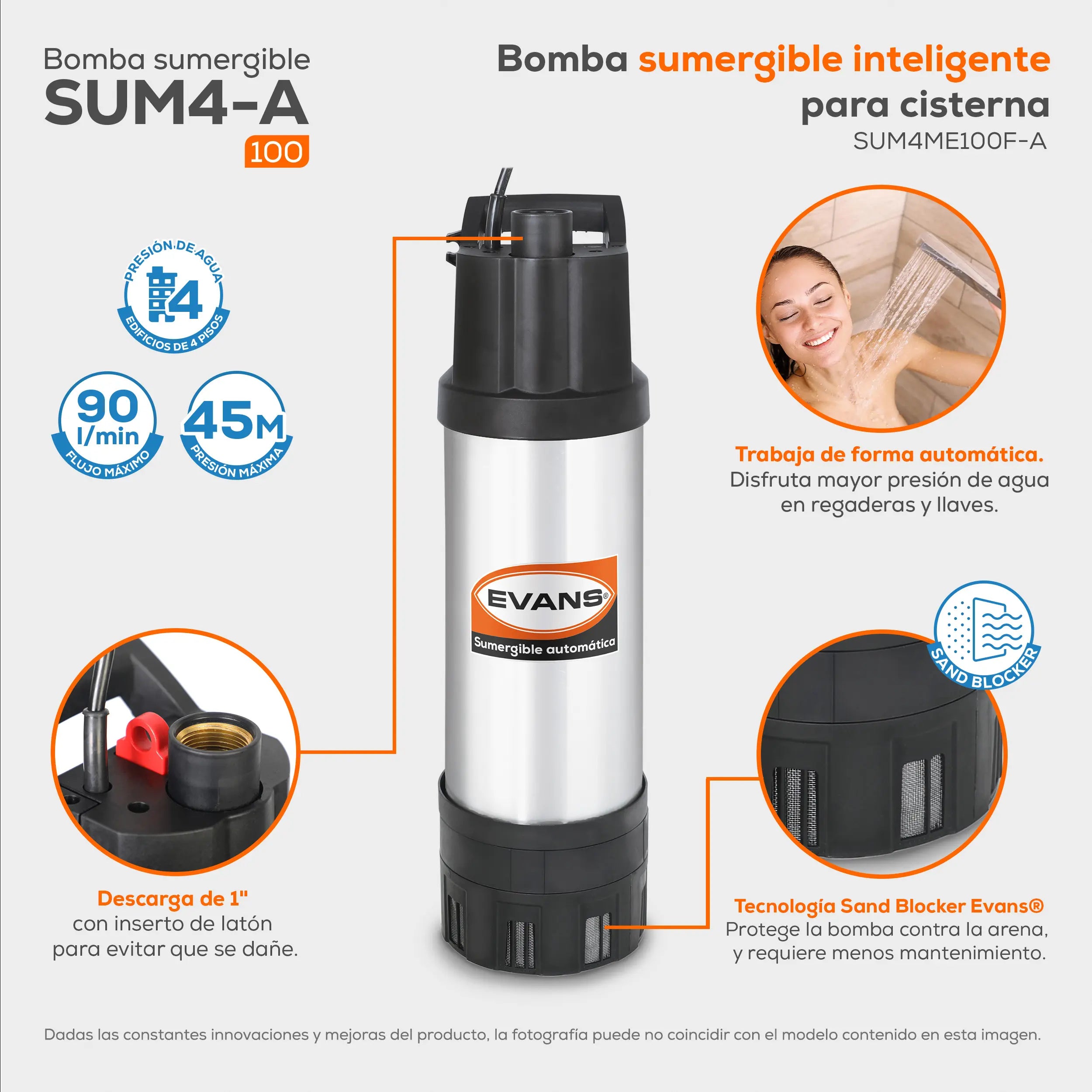 Sumergible automática 1 Hp 127V 90 LPM monofásico Marca EVANS. Modelo: SUM4ME100F-A