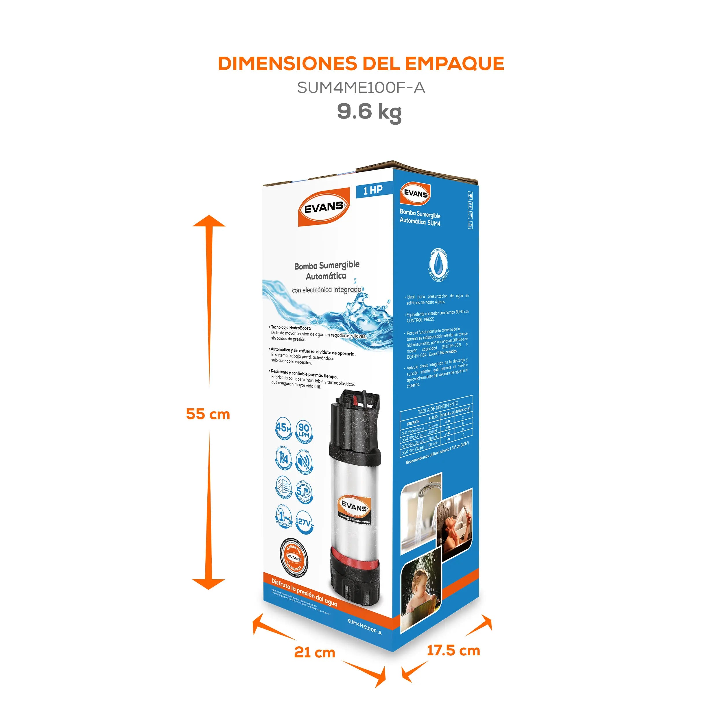 Sumergible automática 1 Hp 127V 90 LPM monofásico Marca EVANS. Modelo: SUM4ME100F-A