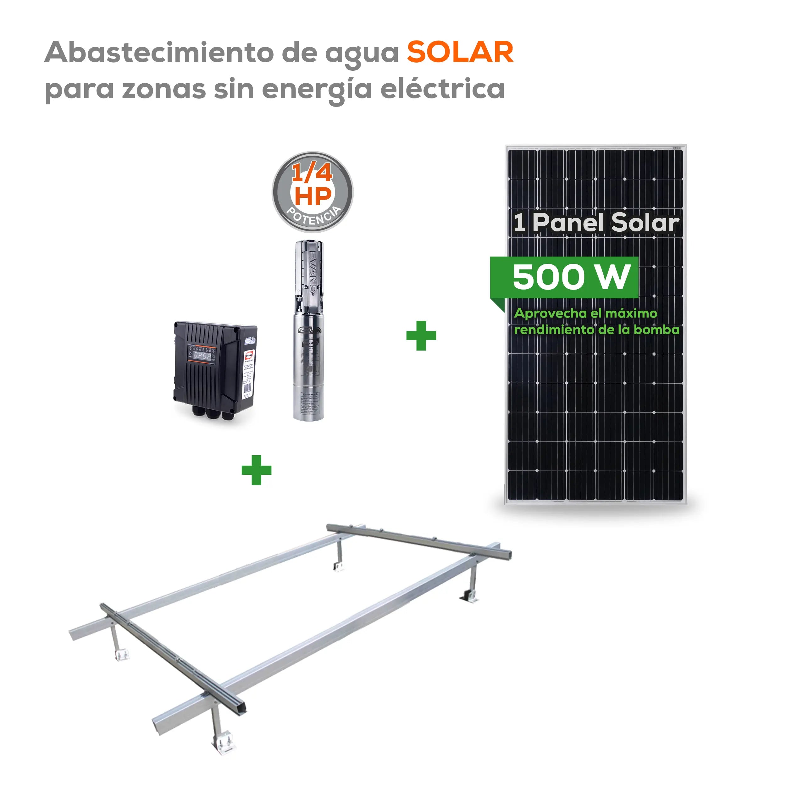 KIT SOLAR 1/4 HP 35L Panel 500W 20/48 V Marca EVANS. Modelo: KIT-SOLAR025