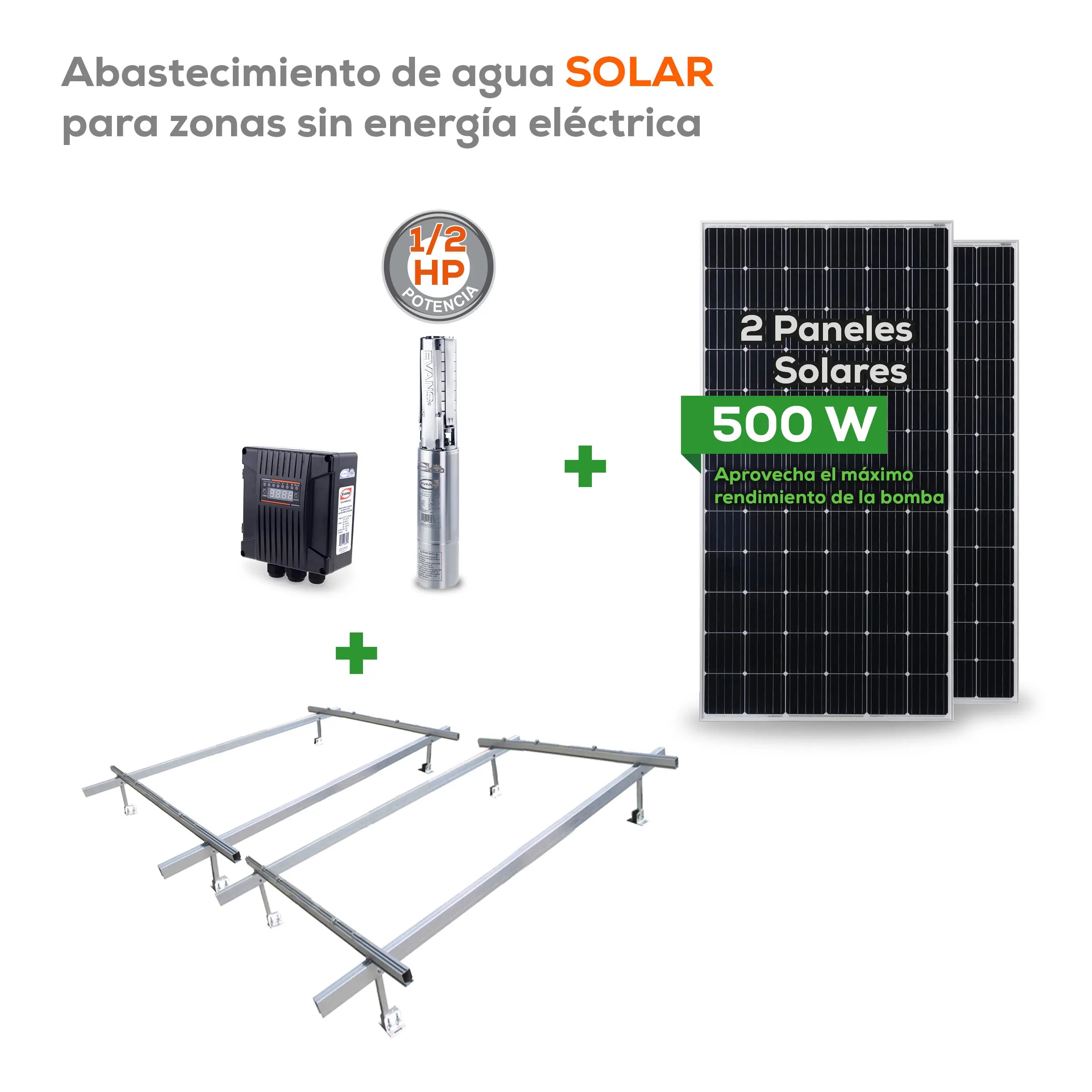 KIT SOLAR 1/2 HP 50L Panel 500W 40/96 V Marca EVANS. Modelo: KIT-SOLAR050