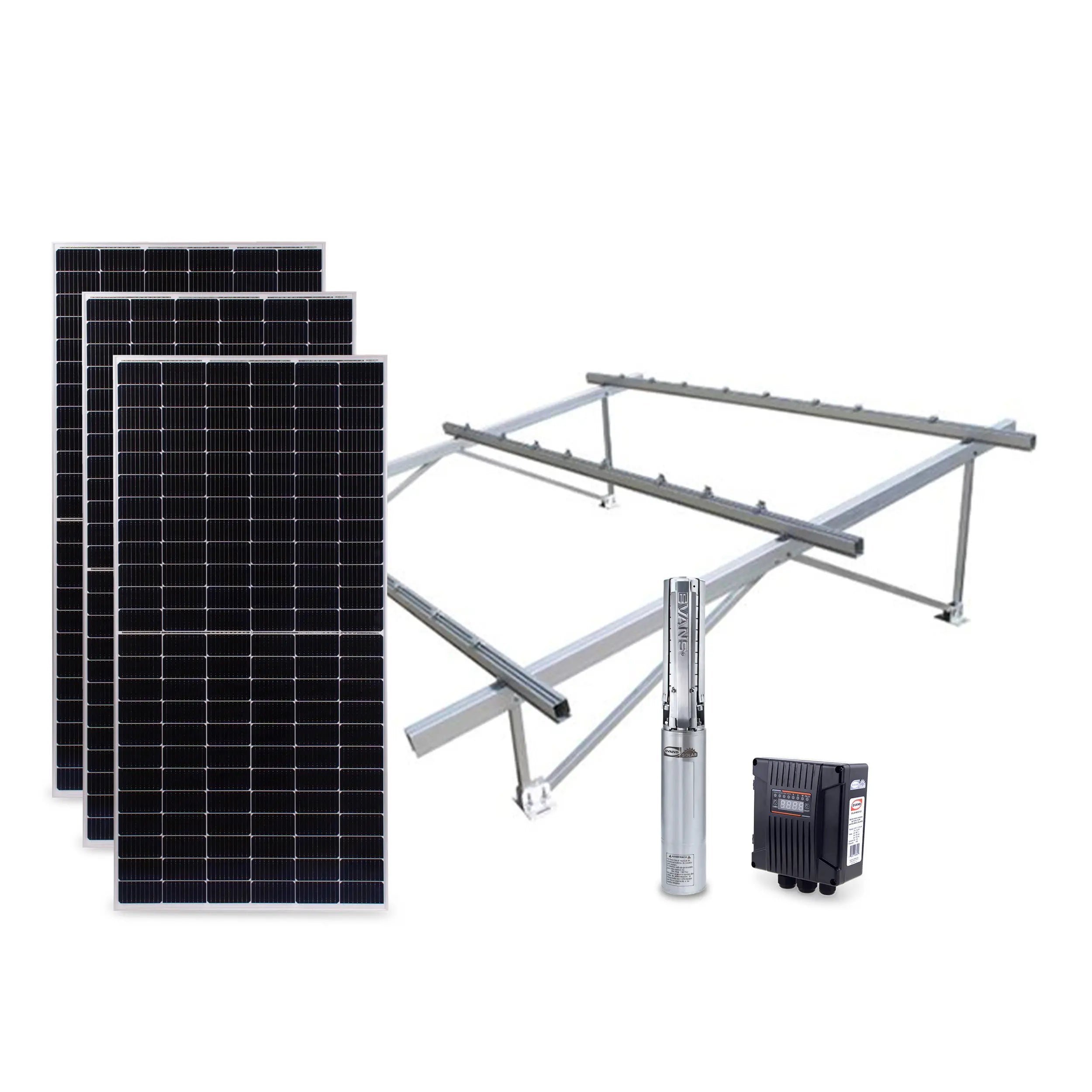 KIT SOLAR 3/4 HP 55L Panel 500W 60/150 V Marca EVANS. Modelo: KIT-SOLAR075