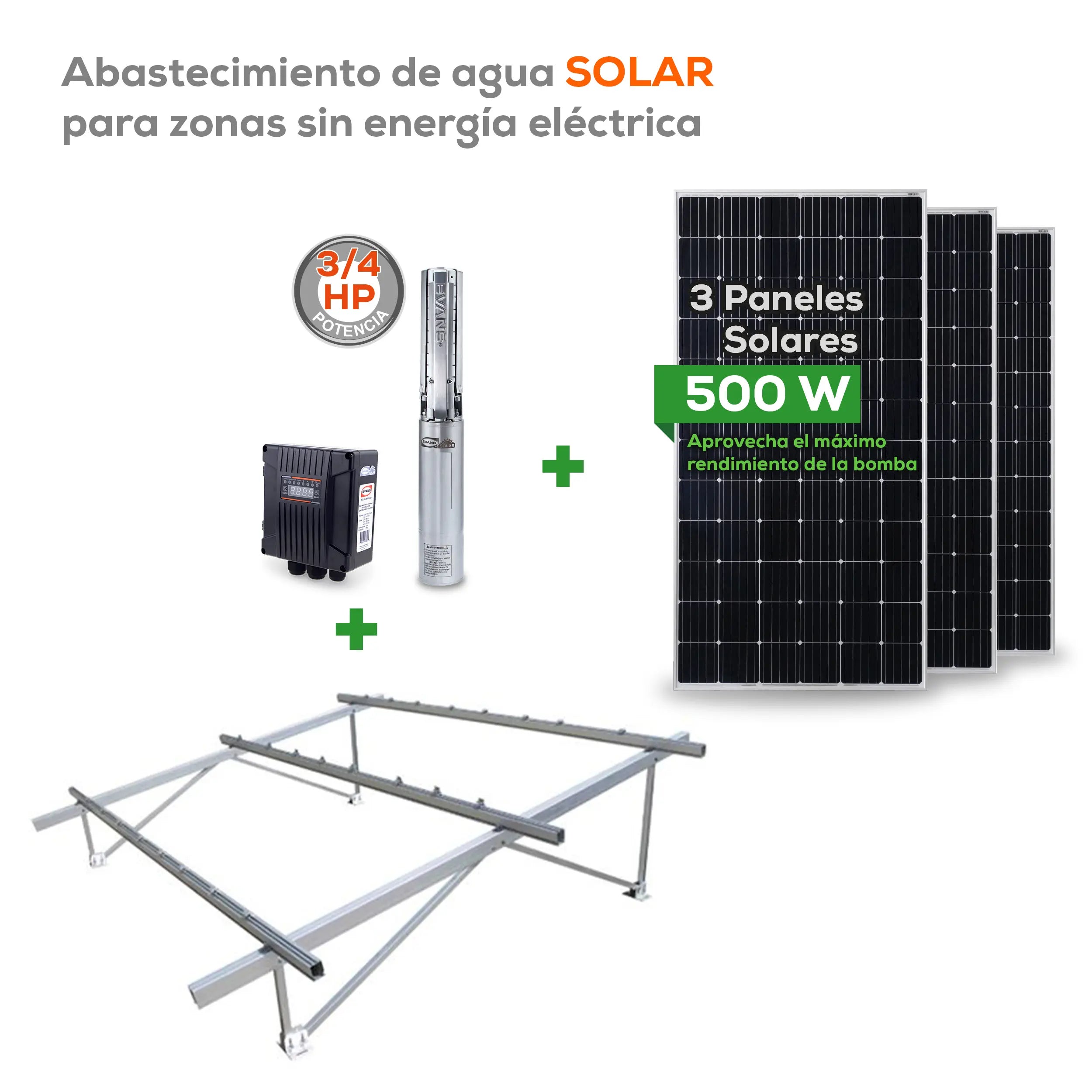 KIT SOLAR 3/4 HP 55L Panel 500W 60/150 V Marca EVANS. Modelo: KIT-SOLAR075