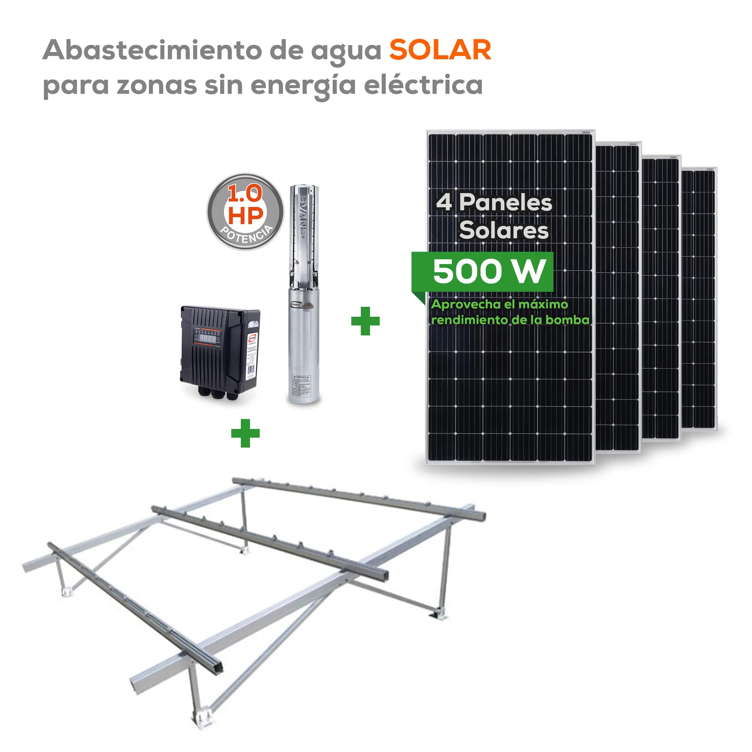 KIT SOLAR 1.0 HP 55L Panel 500W 1 HP 80/180 V Marca EVANS. Modelo: KIT-SOLAR100